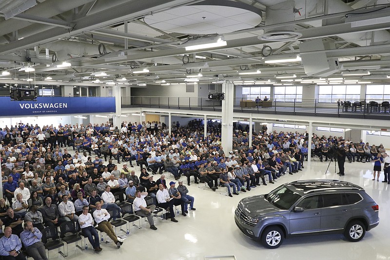 Staff File Photo by Dan Henry / The all-new Volkswagen Atlas was unveiled to Volkswagen Chattanooga employees during a quarterly all-team meeting late last year. The SUV hit dealerships this month.