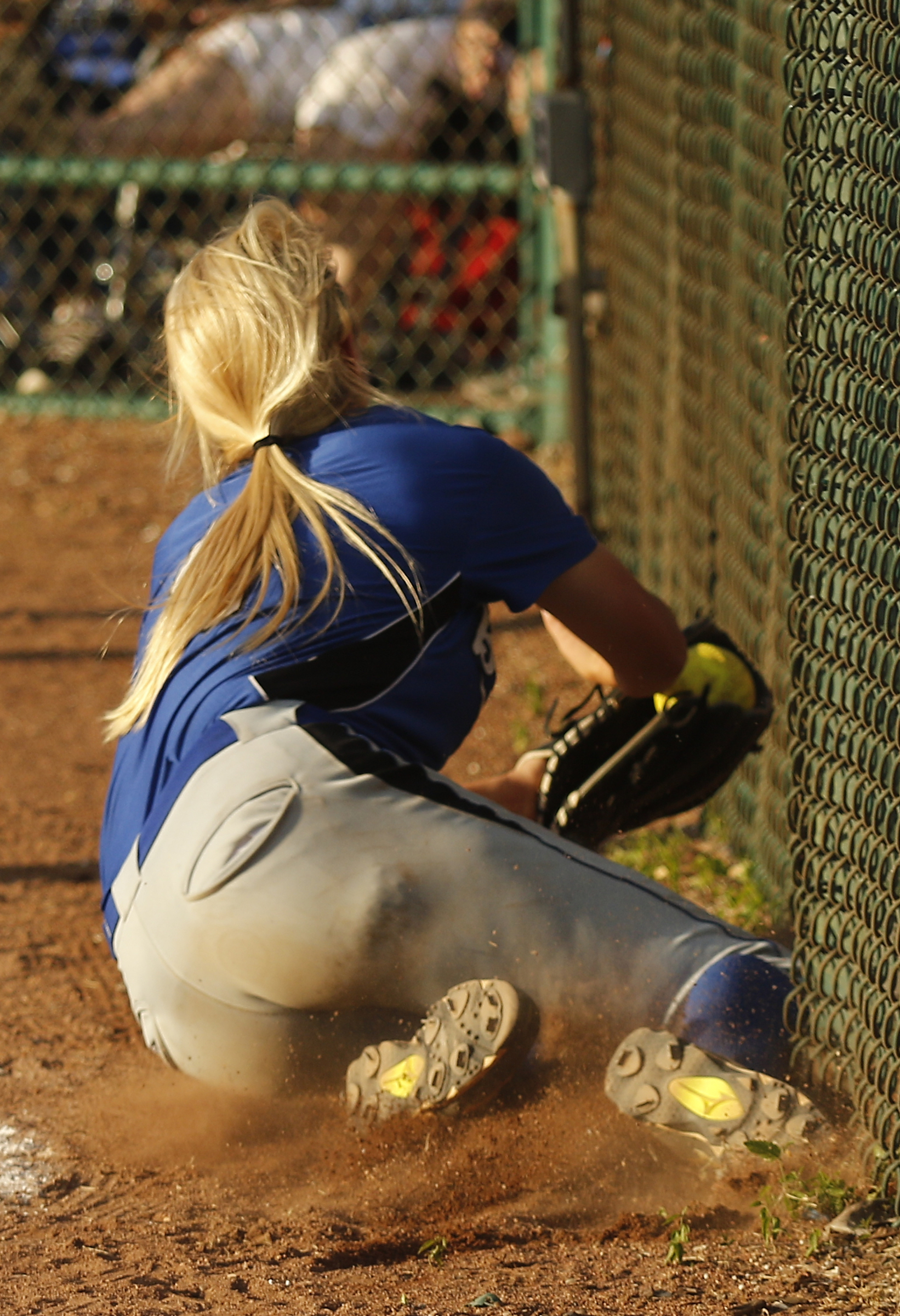 GPS infielder Hannah Kincer makes a diving catch at the fence during their TSSAA Division II-AA state softball championship game 2 against Baylor on Friday, May 26, 2017, in Murfreesboro, Tenn.