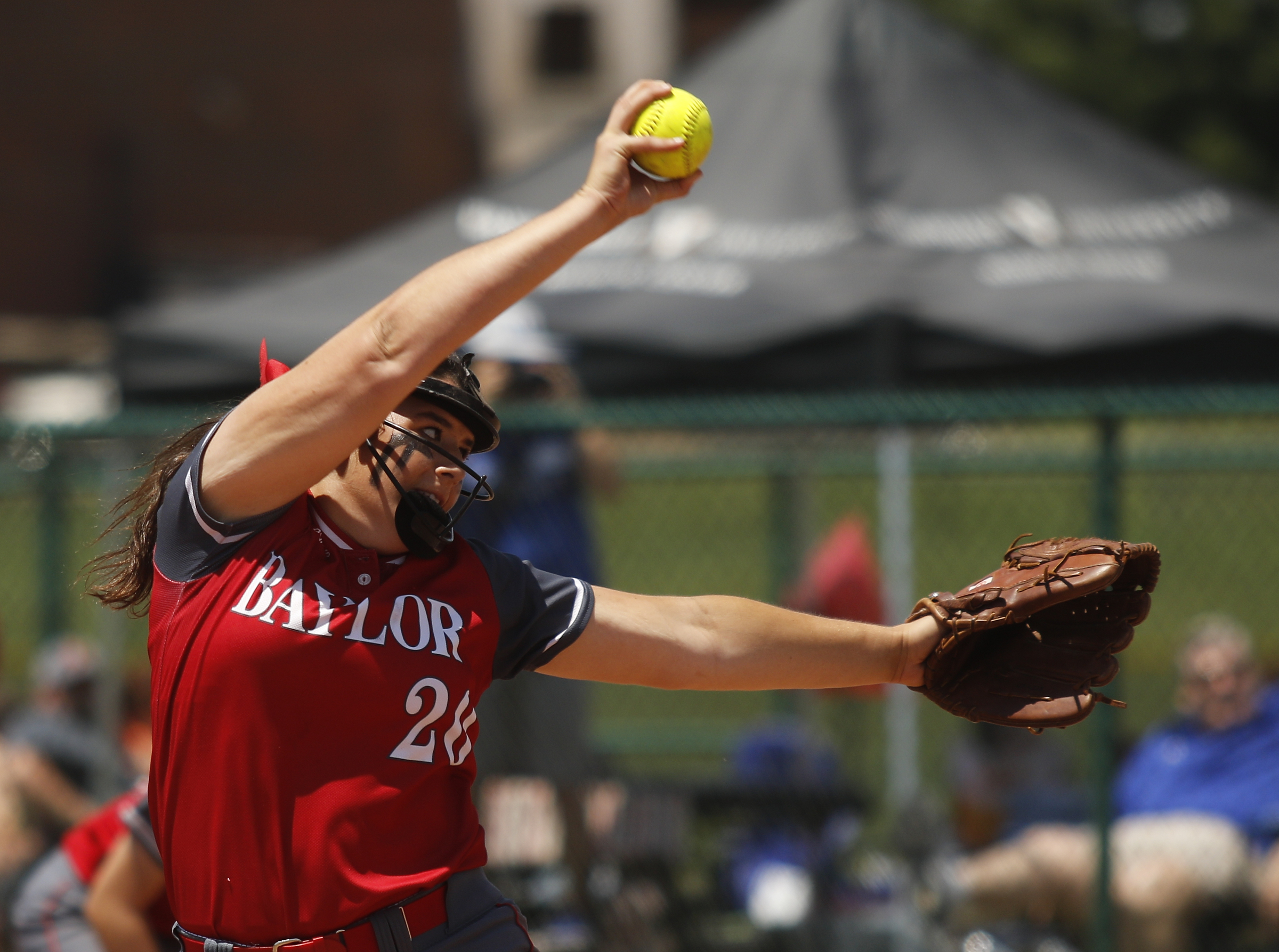 Baylor's Macy McKnight pitches during their TSSAA Division II-AA state softball championship game 1 against GPS on Friday, May 26, 2017, in Murfreesboro, Tenn.