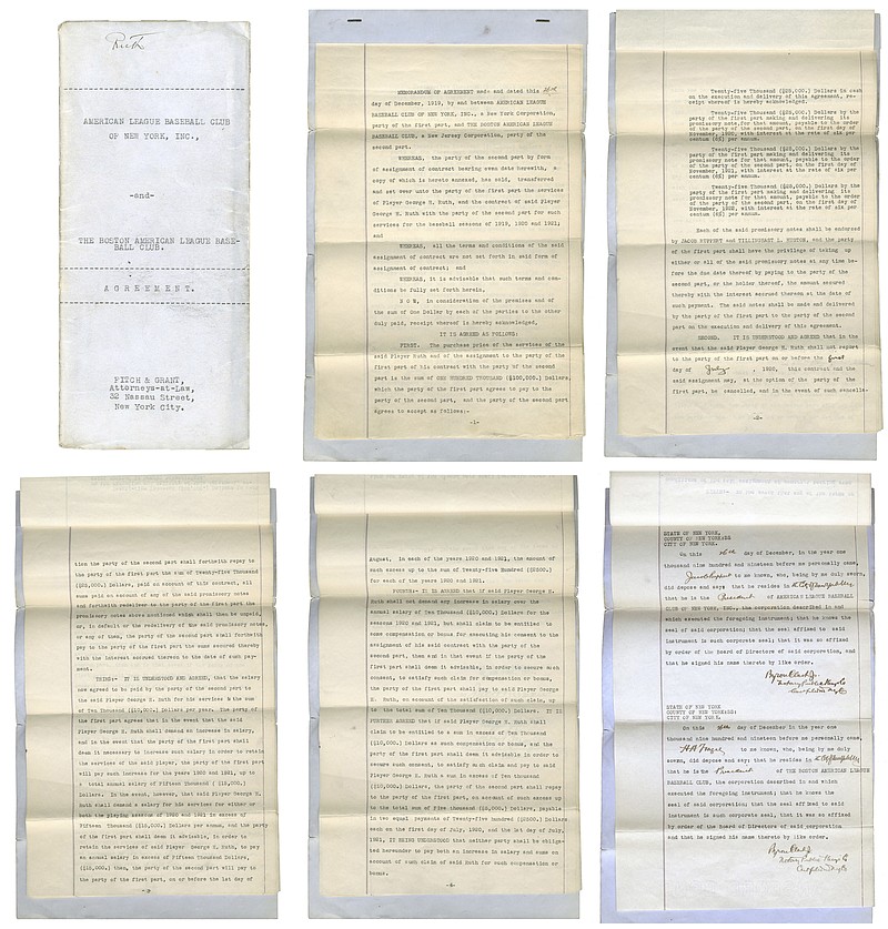 
              These undated images provided by Lelands.com, shows pages of the New York Yankees' copy of the 1919 agreement between the Yankees and Boston Red Sox for baseball player Babe Ruth. The 1919 sale of Ruth from the Red Sox to Yankees contract headlines Lelands.com 1st Annual Invitational Auction, which closes June 30.  (Michael Pascucci/Lelands.com via AP)
            