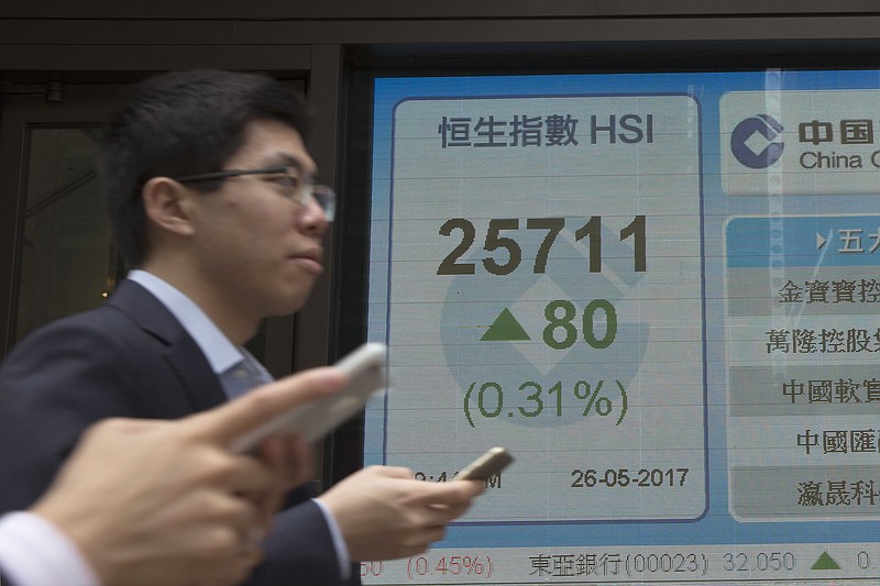 
              People walk by an electronic stock board showing the Hang Seng Index at a bank, in Hong Kong, Friday, May 26, 2017.  Asian stock markets are mixed Friday as investors weighed Wall Street’s latest gains on strong earnings reports against the latest oil production cut that dragged down crude prices and commodity shares.(AP Photo/Kin Cheung)
            