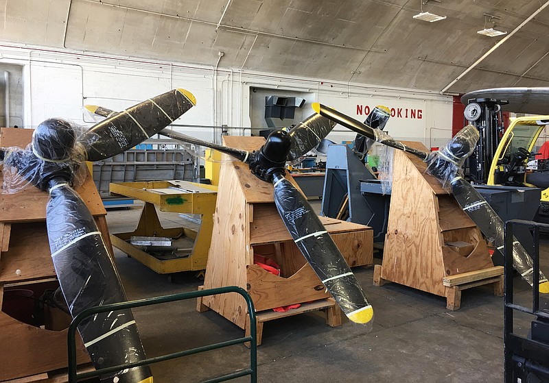 
              In this May 23, 2017 photo, at the National Museum of the U.S. Air Force, new propellers wait to be installed as part of the restoration of the World War II B-17 bomber known as the Memphis Belle near Dayton, Ohio. The restored plane will go on public display at the museum spring 2018. (AP Photo/Mitch Stacy)
            