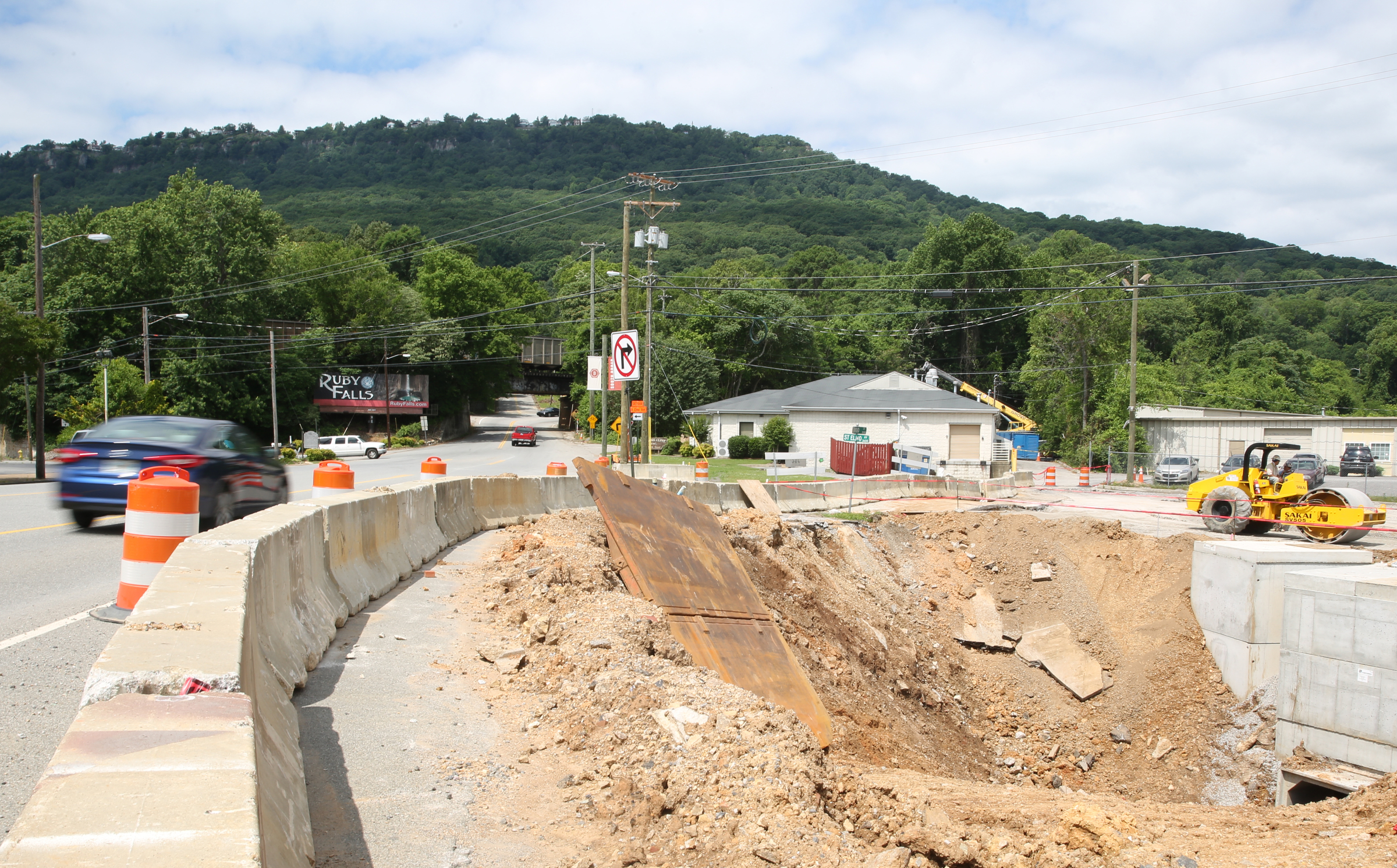 Construction has begun on part of the drainage project on St. Elmo Avenue at Broad Street in Chattanooga, Tenn., Friday, May 26, 2017. The revamped intersection will have wider pedestrian access and will be incorporated in future Riverwalk extensions.