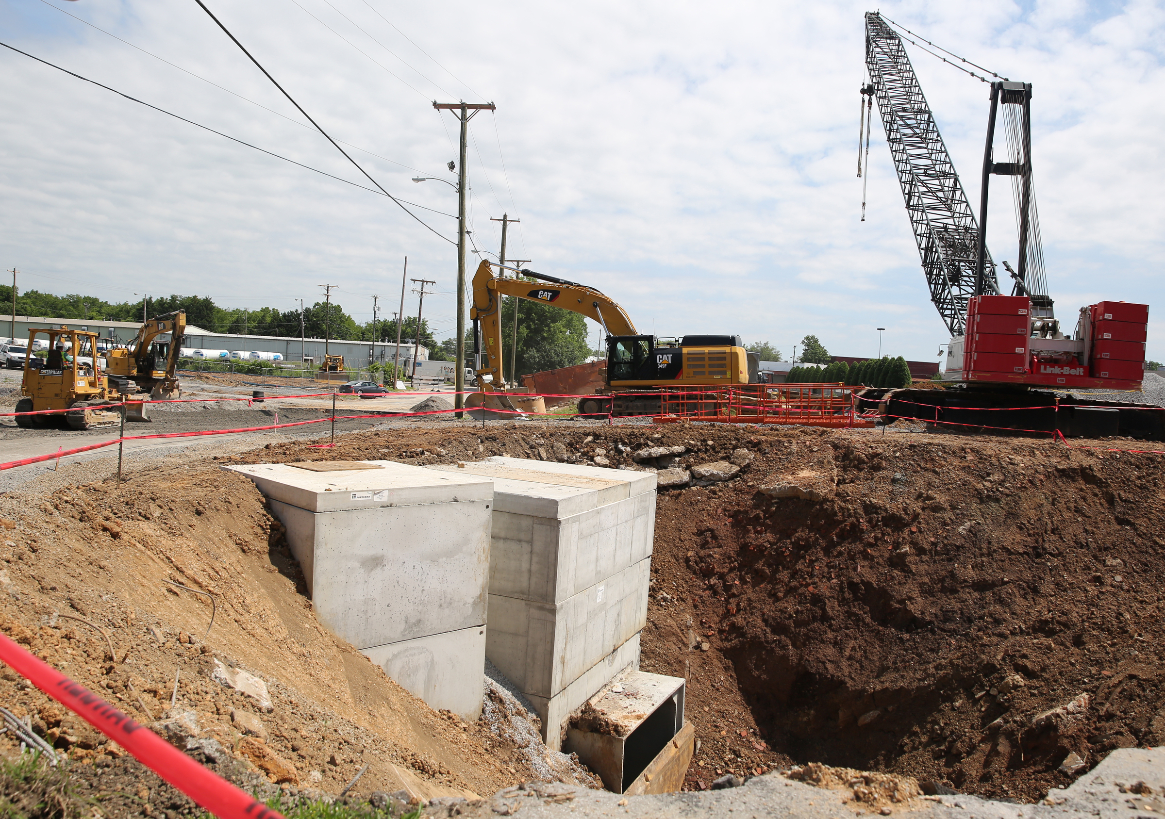 Construction has begun on part of the drainage project on St. Elmo Avenue at Broad Street in Chattanooga, Tenn., Friday, May 26, 2017. The revamped intersection will have wider pedestrian access and will be incorporated in future Riverwalk extensions.