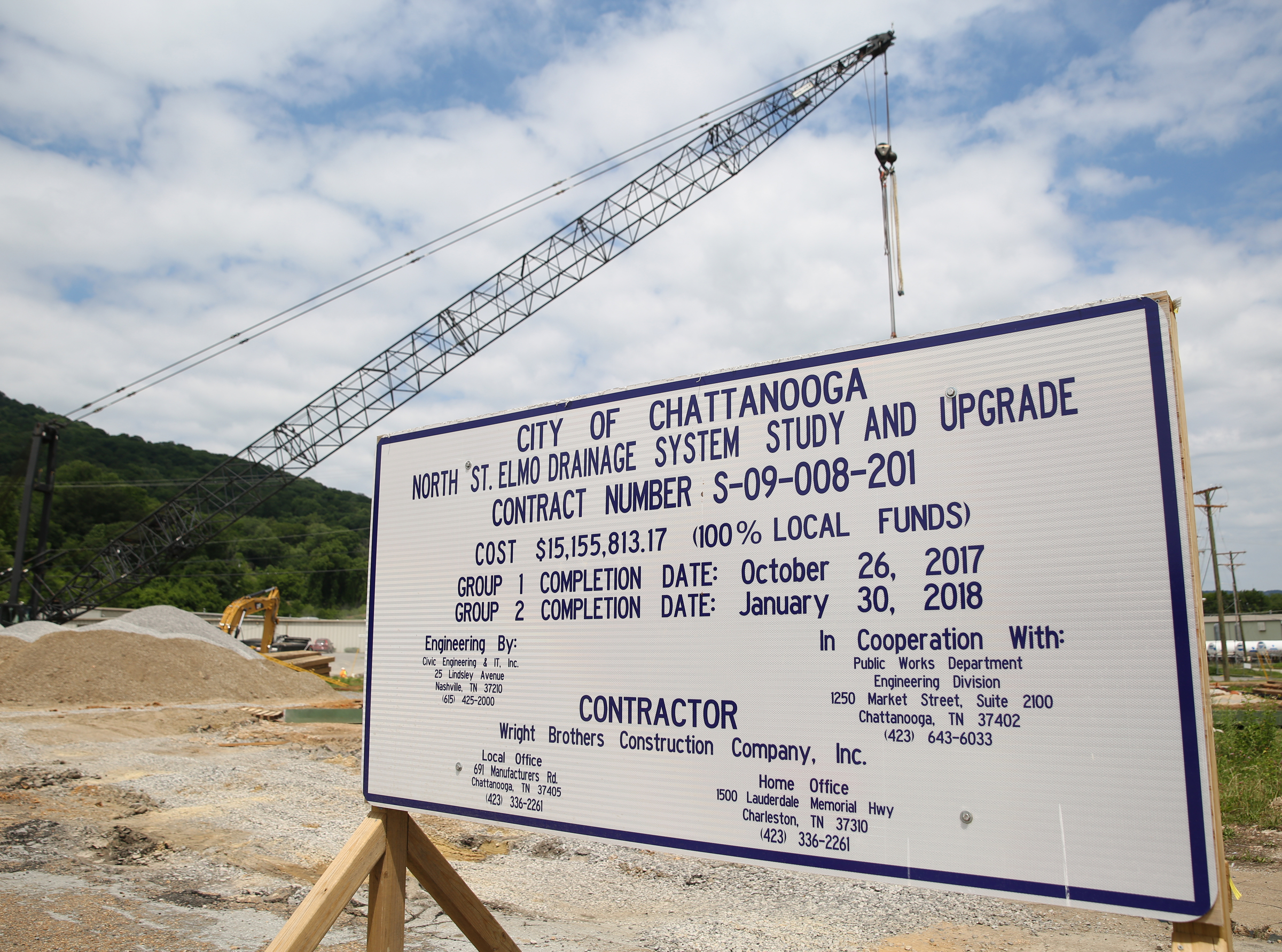 A sign showing the specifics of construction at St. Elmo Avenue and Broad Street in Chattanooga, Tenn., is on display in front of a portion of the site Friday, May 26, 2017. Broad Street is scheduled to be closed for work starting June 5.