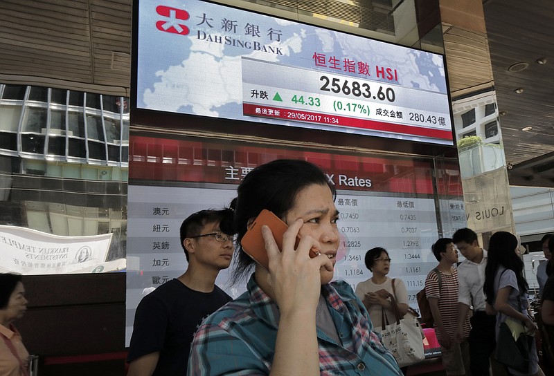 
              People walk past an electronic board showing Hong Kong share index outside a local bank in Hong Kong, Monday, May 29, 2017. Stock markets in Asia were subdued in holiday-thinned trading Monday as investors hunkered down ahead of a raft of economic data later this week that will provide fresh insight into the world economy. (AP Photo/Vincent Yu)
            
