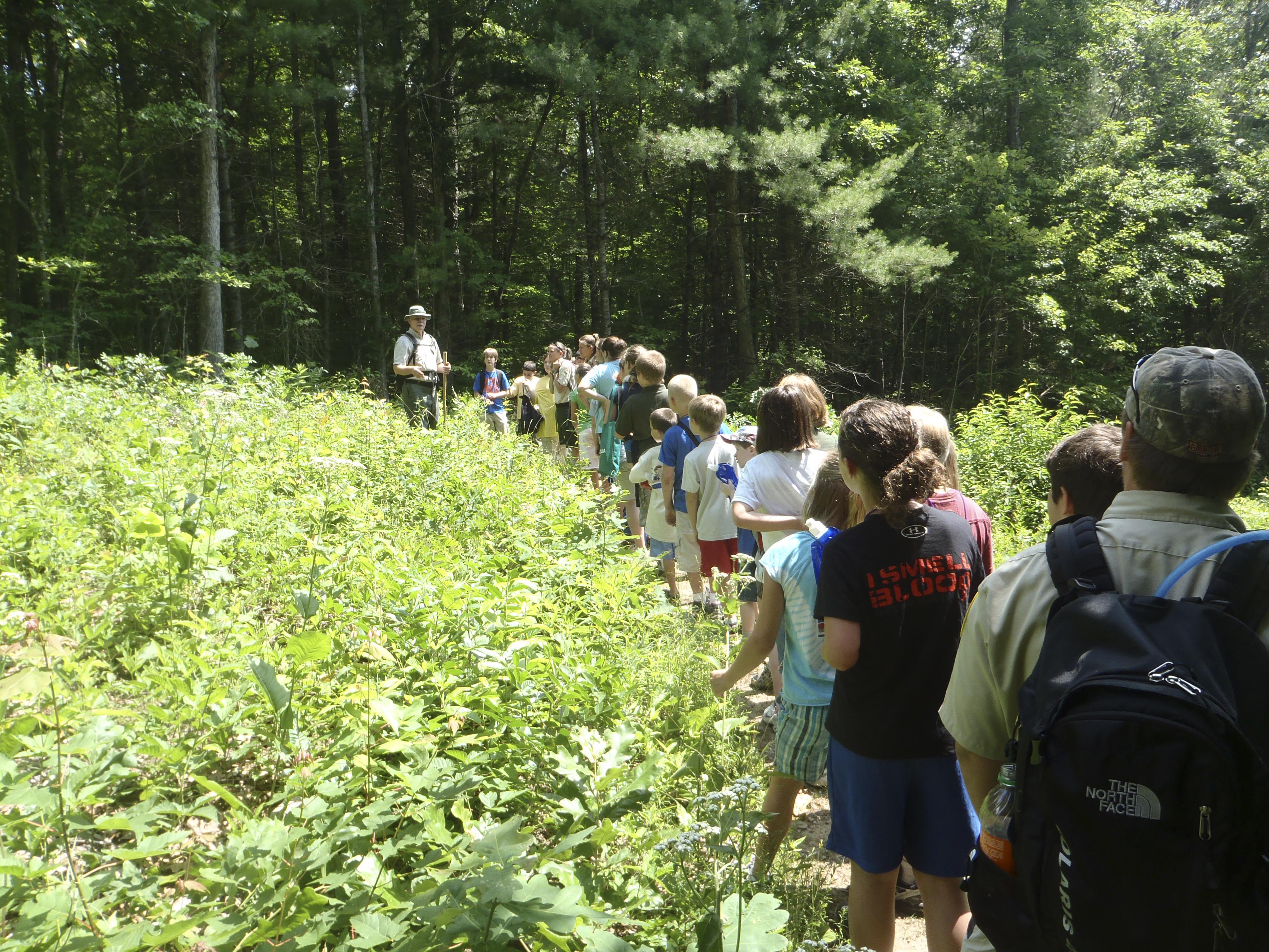 A park ranger leads a hike at Cumberland Mountain State Park during a Junior Ranger Camp.
Tennessee’s 56 State Parks are hosting free guided hikes statewide on Saturday, March 18 to celebrate the coming of spring and the bounty of recreation opportunities state parks offer.
Park staff – who can speak to the natural, cultural and historical treasures that all Tennessee State Parks have to offer – will guide free hikes throughout the day. From the cypress swamps of the Mississippi River in West Tennessee to the rugged ridge tops and waterfalls in the middle of the state to the majestic mountains in the East, every park showcases a unique piece of Tennessee’s outdoor beauty.