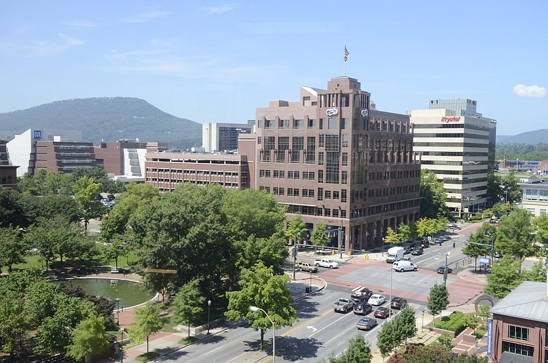 The EPB building, center, the Krystal Building, right, and part of the TVA Office Complex are seen from an upper floor of the Cornerstone Bank building in downtown Chattanooga. 