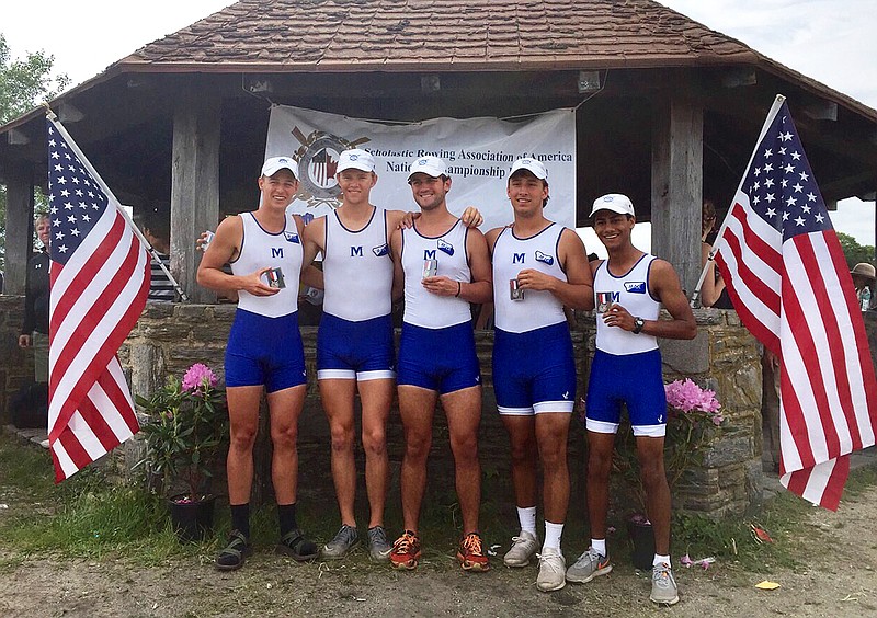 McCallie School seniors Joshua Gable, Jackson Moore, Bailey Nelson, Michael Kalinowski and Shalin Naik, from left, were the silver medalists in the senior four division of the Scholastic Rowing Association of America rowinig nationals last weekend in New Jersey.