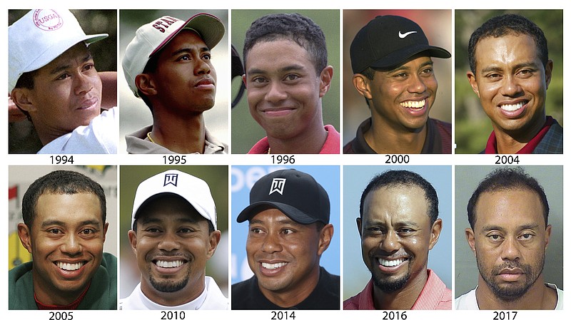 These are file photos by year showing Tiger Woods, starting in 1994 and ending with a 2017 photo provided by the Palm Beach County Sheriff's Office on Monday, May 29, 2017. Tiger Woods attributed an "unexpected reaction" to prescription medicine for his arrest on a DUI charge that landed him in a Florida jail Monday for nearly four hours. Woods, the 14-time major champion who had back surgery five weeks ago, was arrested on suspicion of DUI at about 3 a.m. Monday and taken to Palm Beach County jail. He was released on his own recognizance. (AP Photo/File)