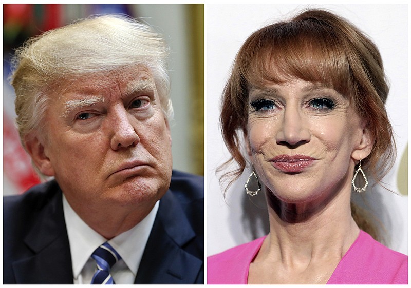
              In this combination photo, President Donald Trump appears in the White House in Washington on  March 13, 2017, left, and comedian Kathy Griffin appears at the Clive Davis and The Recording Academy Pre-Grammy Gala in Beverly Hills, Calif. on Feb. 11, 2017. Griffin and her attorney have scheduled a news conference for Friday, June 2, 2017, to discuss the fallout from the comedian posing with a likeness of  Trump’s severed head.  The images prompted CNN to fire Griffin from her decade-long gig hosting a New Year's Eve special she had co-hosted with Anderson Cooper. Griffin apologized within hours of the images appearing online on Tuesday. They were met with swift and widespread condemnation. (AP Photo/Pablo Martinez Monsivais, left, and Rich Fury/Invision/AP, File)
            