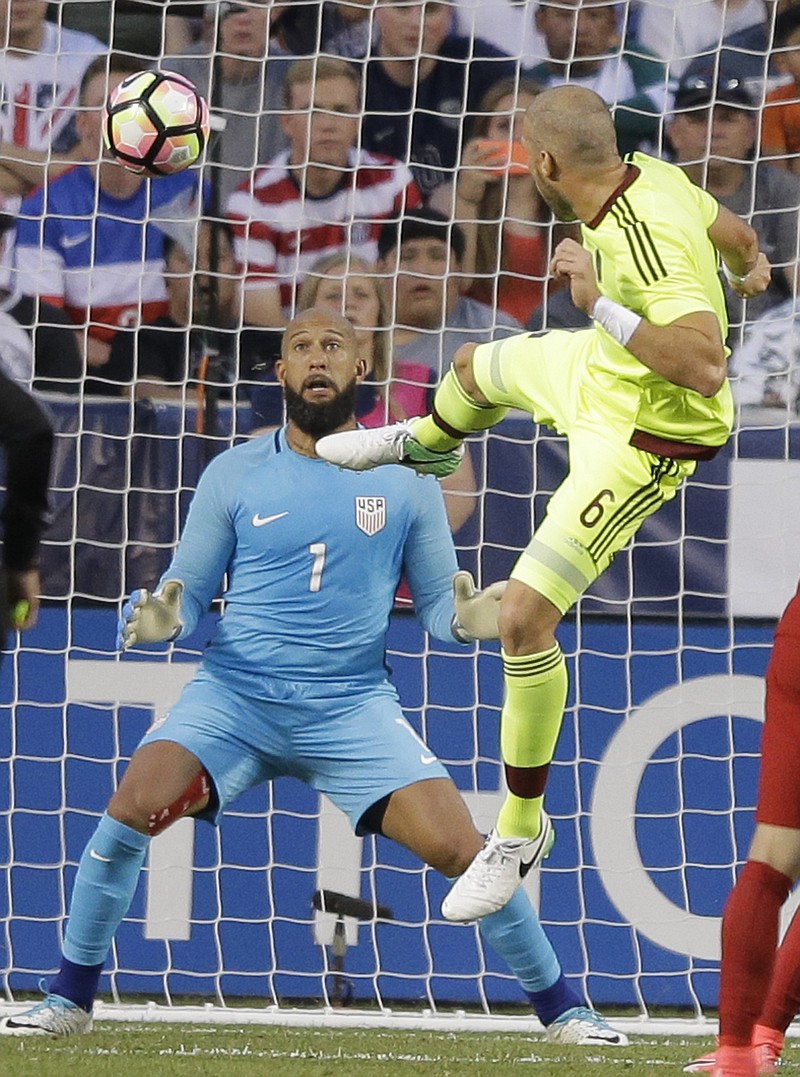 
              Venezuela's defender José Manuel Velázquez (6) scores against United States goalkeeper Tim Howard (1) in the first half during an international friendly match Saturday, June 3, 2017, in Sandy, Utah. (AP Photo/Rick Bowmer)
            