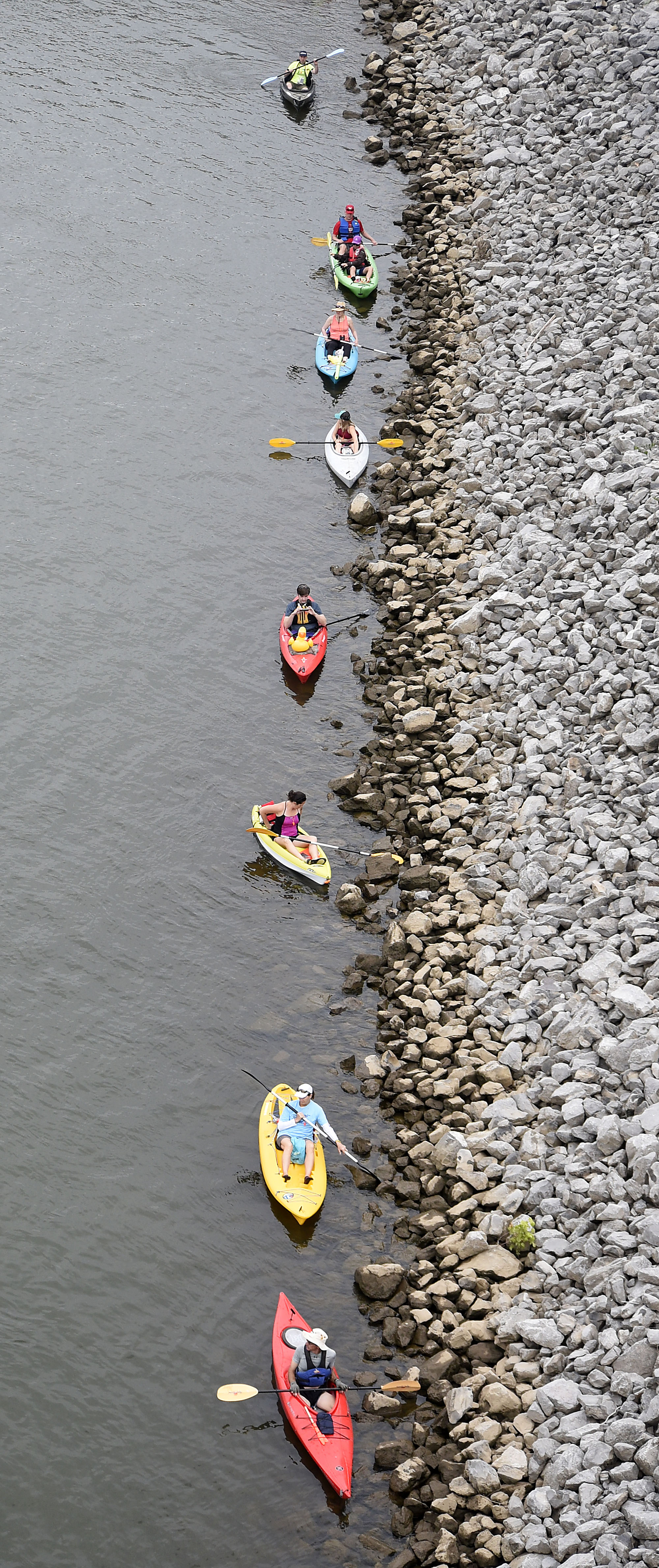 Volunteer pilots line up along the bank of the Tennessee River awaiting the swimmers they are to shadow during the race. The final day of the 2017 U.S. Masters Swimming Middle and Ultramarathon Distance Open Water National Championships was held on the Tennessee River on June 4, 2017.