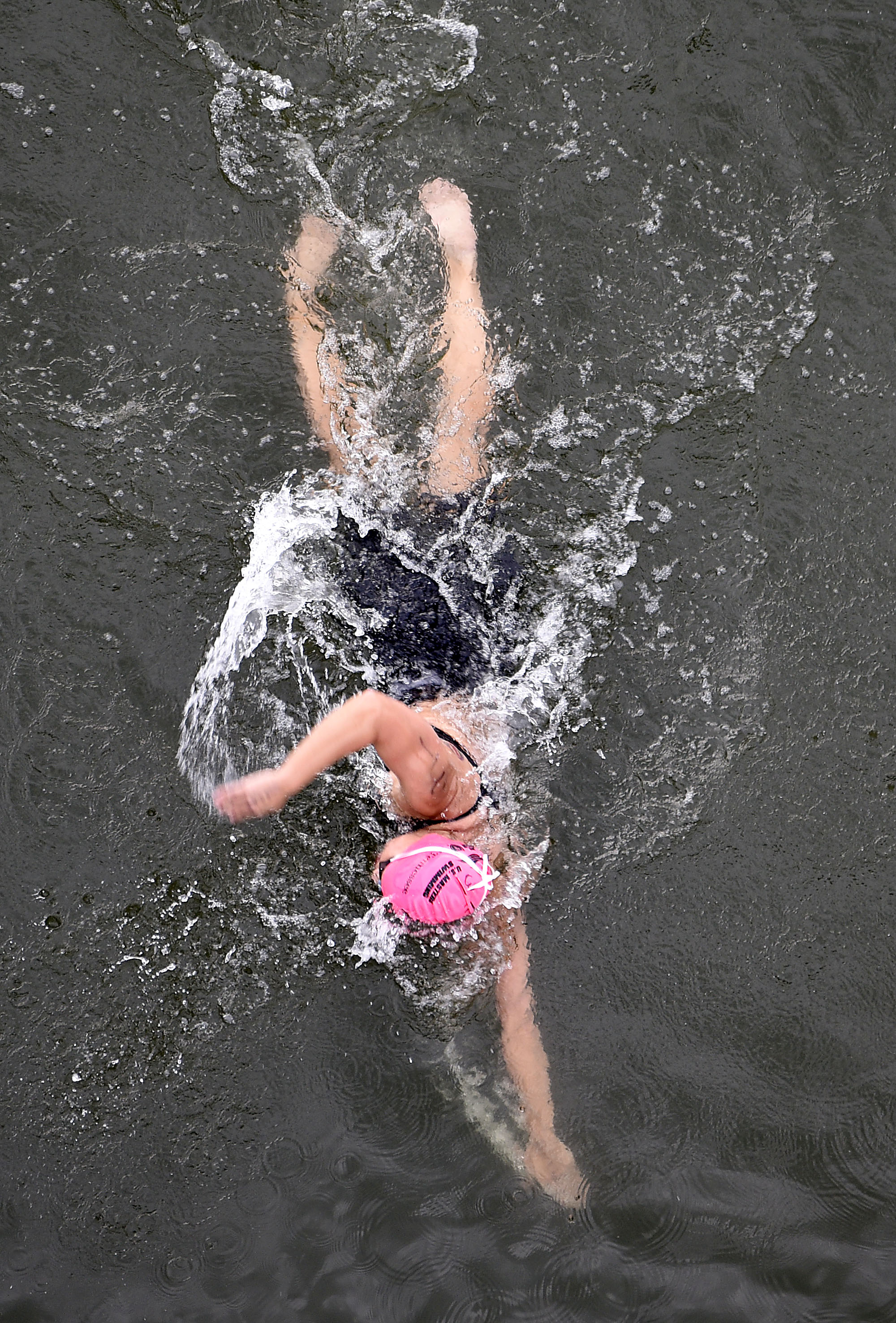 The early race leader prepares to pass under the Walnut Street Bridge. The final day of the 2017 U.S. Masters Swimming Middle and Ultramarathon Distance Open Water National Championships was held on the Tennessee River on June 4, 2017.