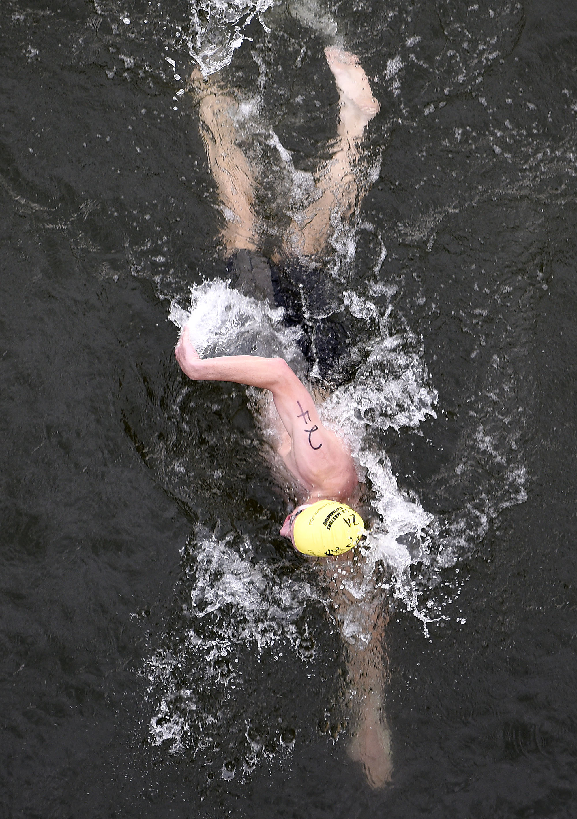 One of the early race leaders prepares to pass under the Walnut Street Bridge. The final day of the 2017 U.S. Masters Swimming Middle and Ultramarathon Distance Open Water National Championships was held on the Tennessee River on June 4, 2017.