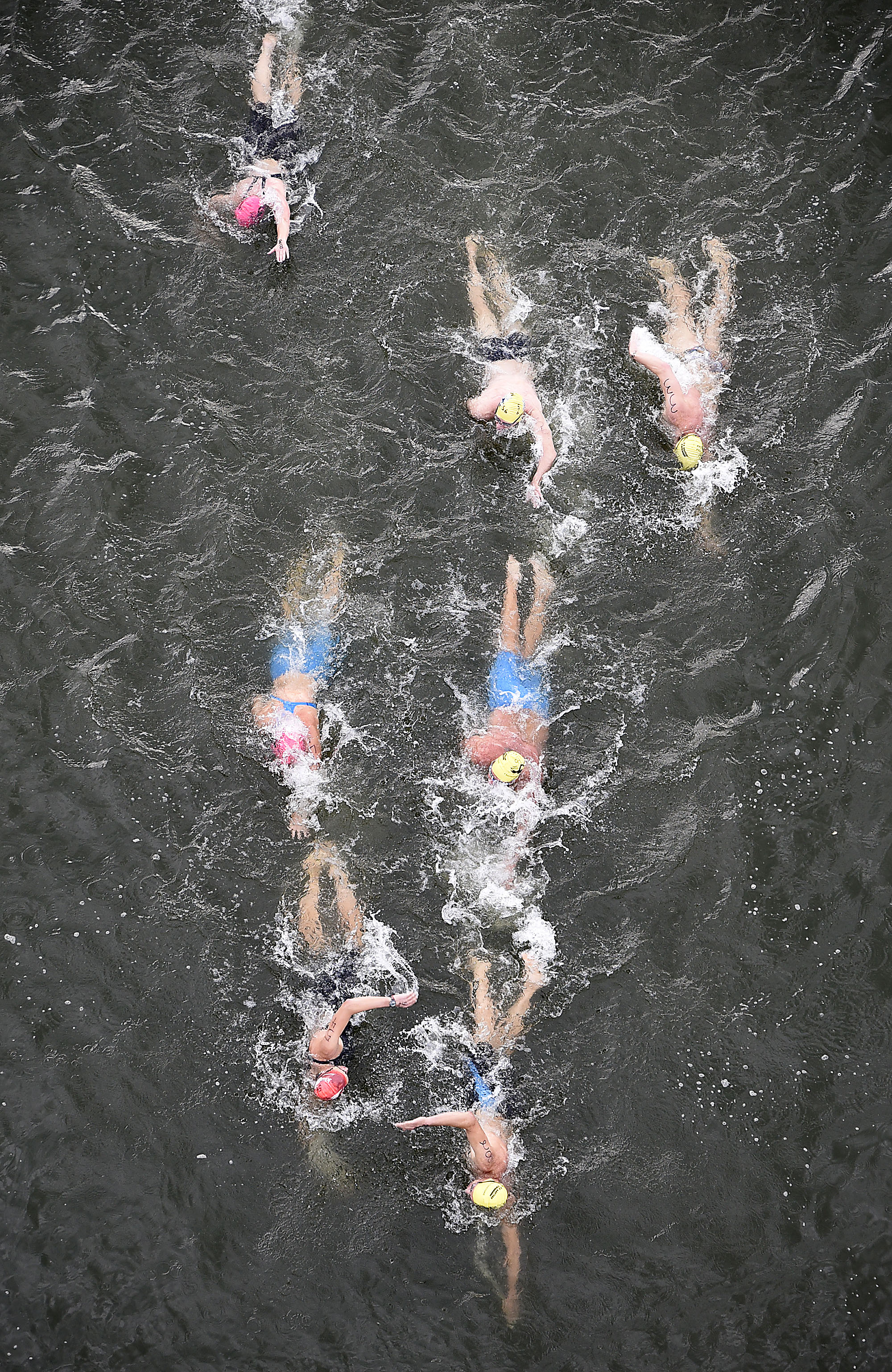 A group of the early race leaders prepares to pass under the Walnut Street Bridge. The final day of the 2017 U.S. Masters Swimming Middle and Ultramarathon Distance Open Water National Championships was held on the Tennessee River on June 4, 2017.