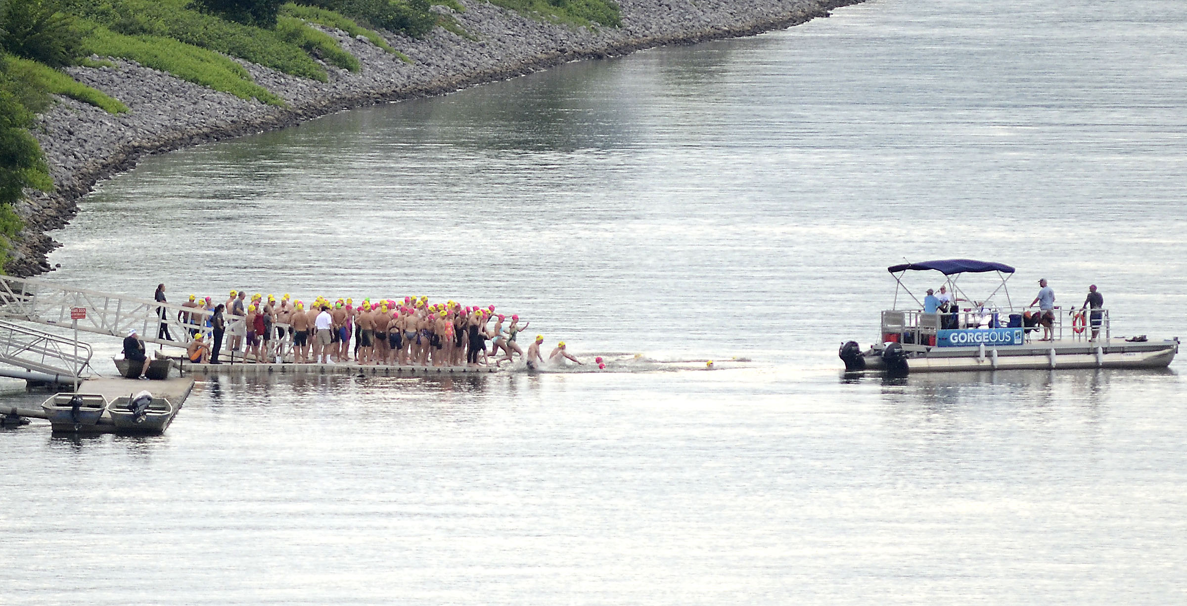 Swimmers take to the water before the start of the 9.2 mile swim from the GPS dock to the Baylor dock. The final day of the 2017 U.S. Masters Swimming Middle and Ultramarathon Distance Open Water National Championships was held on the Tennessee River on June 4, 2017.