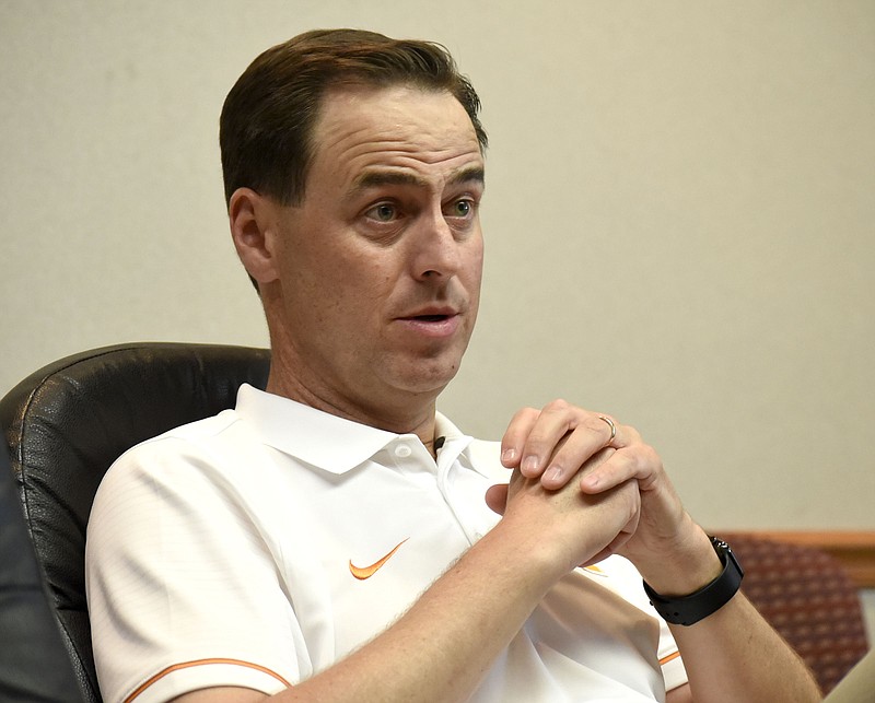 University of Tennessee athletic director John Currie speaks to Time Free Press editors and reporters at the newspaper's office Saturday. Currie was in Chattanooga for the Big Orange Caravan's stop at the First Tennessee Pavilion.