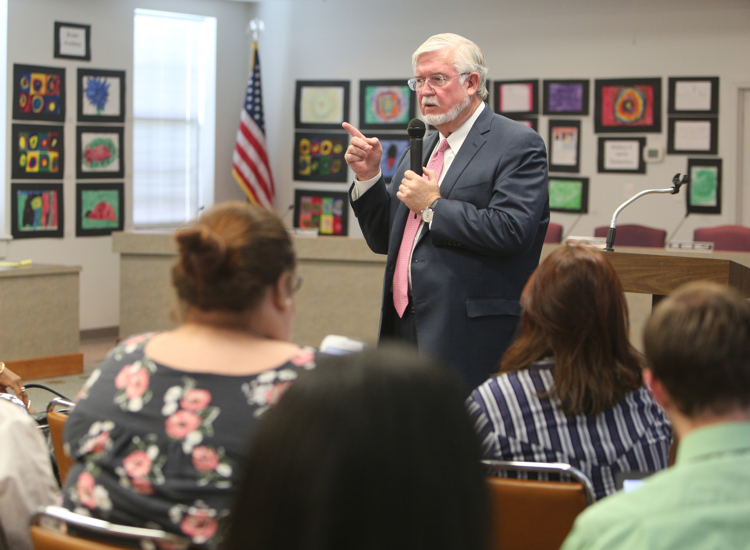 Dr. Wayne Johnson, a candidate for Hamilton County Superintendent of Schools, answers questions during a meet-and-greet with the public at the Hamilton County Board of Education on Mon., June 5, 2017. Johnson's background is in business, but he sees being a nontraditional candidate as a positive thing.