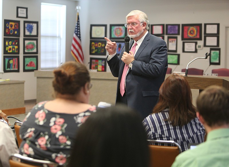 Dr. Wayne Johnson, a candidate for Hamilton County Superintendent of Schools, answers questions during a meet-and-greet with the public at the Hamilton County Board of Education on Mon., June 5, 2017. Johnson's background is in business, but he sees being a nontraditional candidate as a positive thing. 