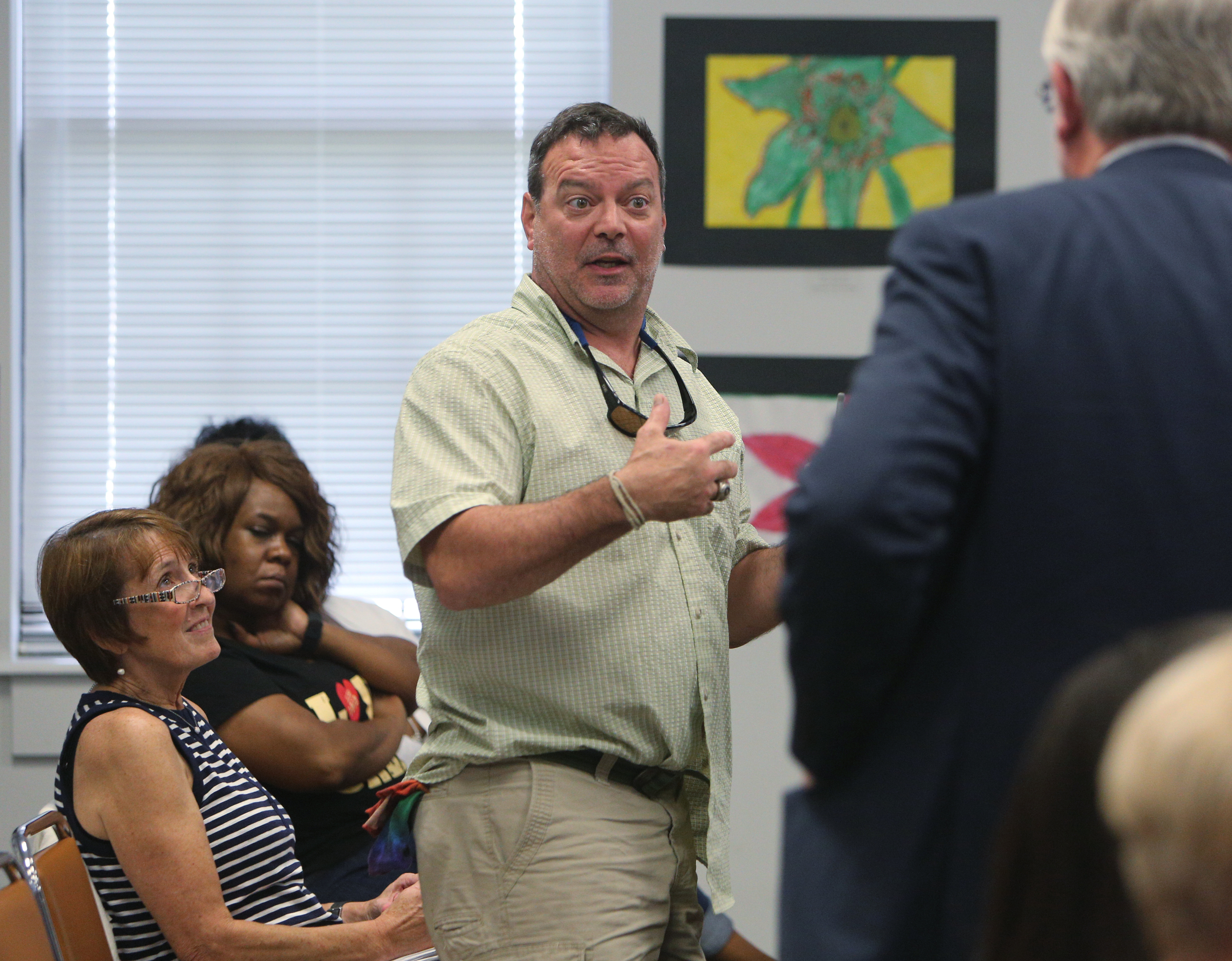 John Lennon, the head of the theater department at Signal Mountain, asks a question about vocational classes during a meet-and-greet with Dr. Wayne Johnson, a candidate for Hamilton County Superintendent of Schools, at the Hamilton County Board of Education on Mon., June 5, 2017. Johnson is one of five candidates being interviewed for the position this week.