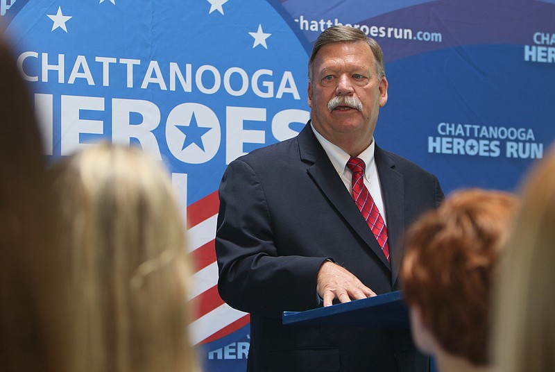 Hamilton County Mayor Jim Coppinger speaks during a press conference at the Hubert Fry Center on Mon., June 5, 2017, at the Tennessee Riverpark in Chattanooga, Tenn. For the second year in a row, a July 16 run/walk event will be held to commemorate the anniversary of the fatal shootings of five servicemen in Chattanooga.