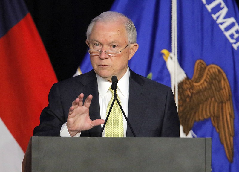 
              U.S. Attorney General Jeff Sessions speaks at the opening session of the National Law Enforcement Conference on Human Exploitation at the Sheraton Atlanta Hotel, Tuesday morning, June 6, 2017, in Atlanta. (Bob Andres/Atlanta Journal-Constitution via AP)
            