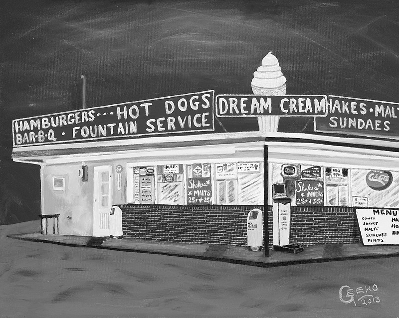 The Dream Cream, a walk-up ice cream, milkshake and hamburger shop, is among 13 pieces displayed.