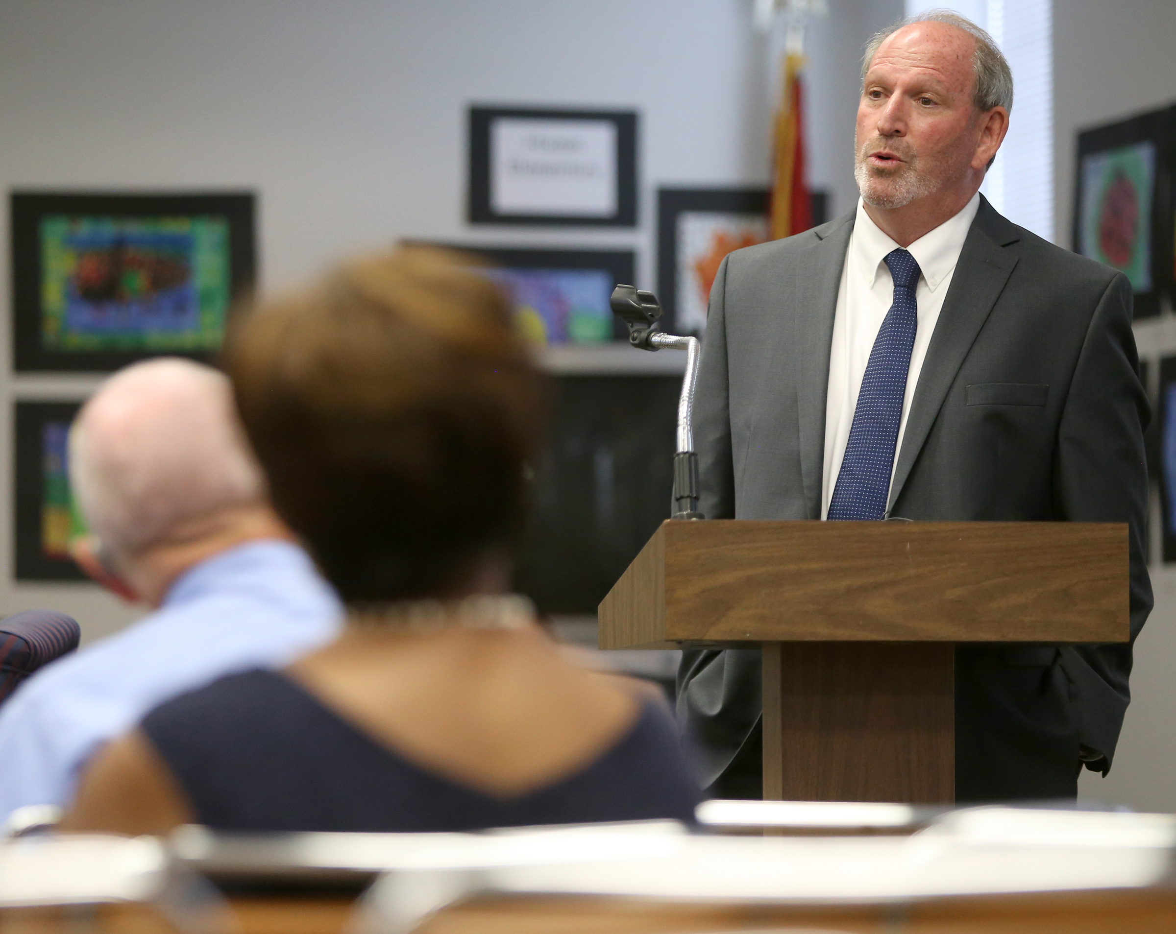 Superintendent candidate Stuart Greenberg speaks to the crowd gathered for a public meet-and-greet at Hamilton County Schools' central office on Tuesday, June 6, in Chattanooga, Tenn. Greenberg, an educator for 35 years, is one of five finalists for the superintendent position.