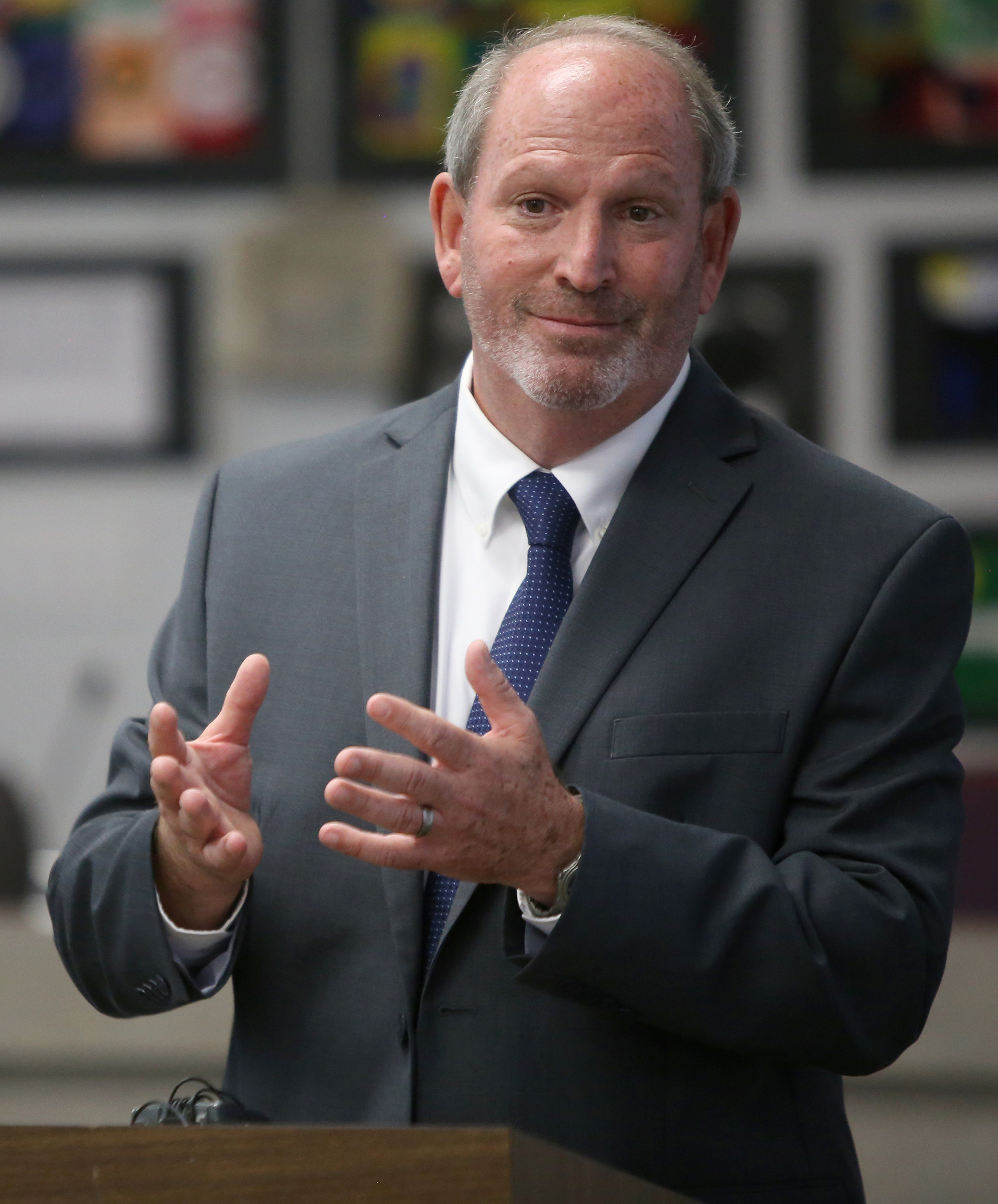 Superintendent candidate Stuart Greenberg speaks to the crowd gathered for a public meet-and-greet at Hamilton County Schools' central office on Tuesday, June 6, in Chattanooga, Tenn. Greenberg, an educator for 35 years, is one of five finalists for the superintendent position.