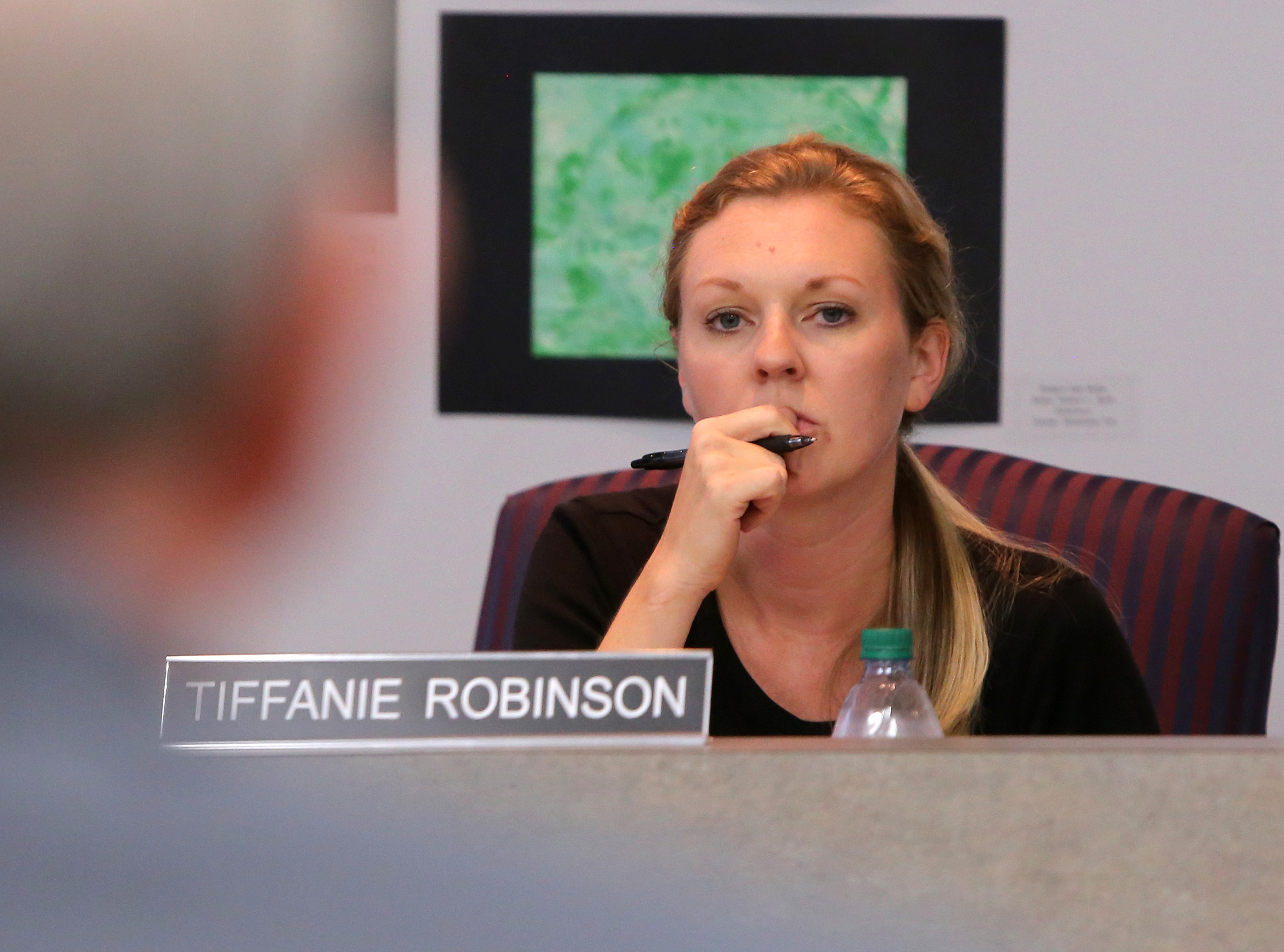 School board member Tiffanie Robinson looks on as superintendent candidate Stuart Greenberg answers her question during an interview session at Hamilton County Schools' central office on Tuesday, June 6, in Chattanooga, Tenn. Greenberg, an educator for 35 years, is one of five finalists for the superintendent position.