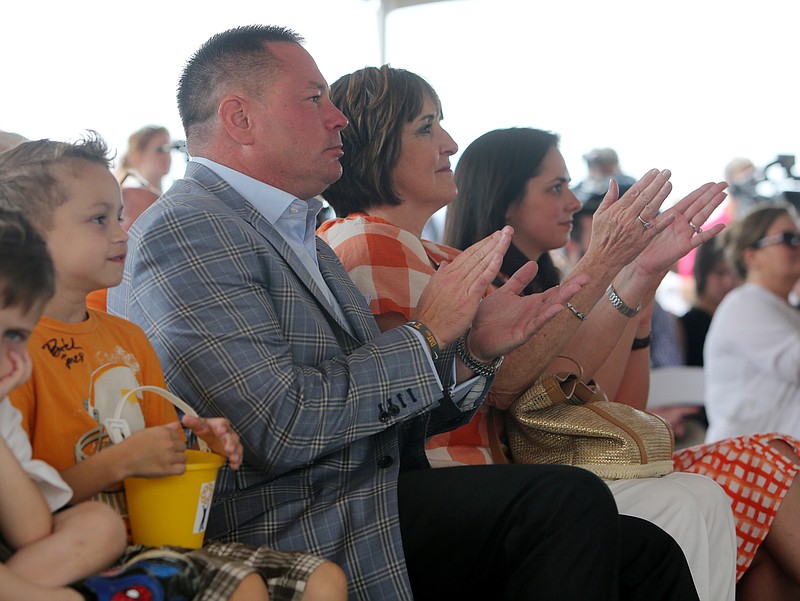 University of Tennessee Head Football Coach Butch Jones claps as he listens to speakers Tues., June 6, 2017, during the ground breaking ceremony at the site for the new Erlanger Children's Hospital on Third Street in Chattanooga, Tenn. Hundreds showed up in support of the new facility being built.