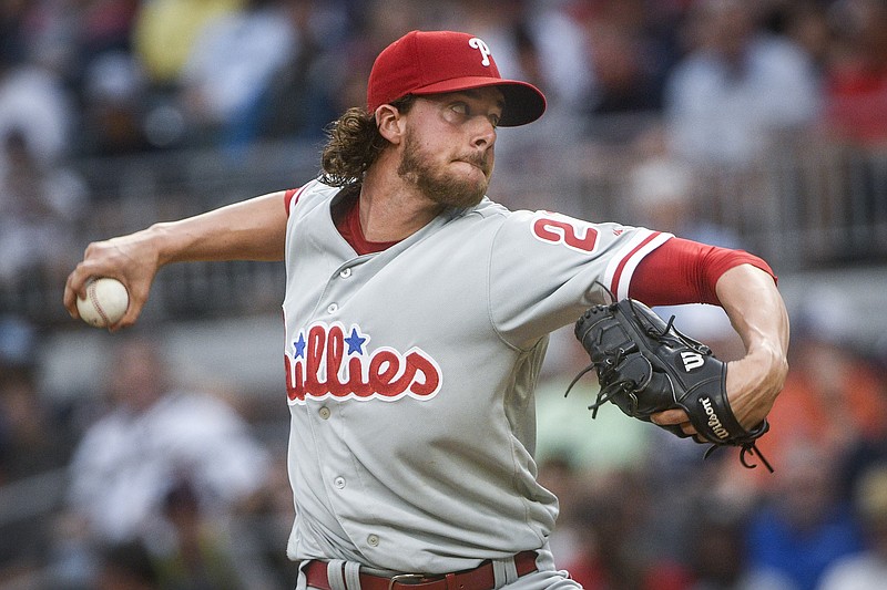 Philadelphia Phillies' Aaron Nola pitches against the Atlanta Braves during the first inning of a baseball game, Tuesday, June 6, 2017, in Atlanta. (AP Photo/John Amis)
