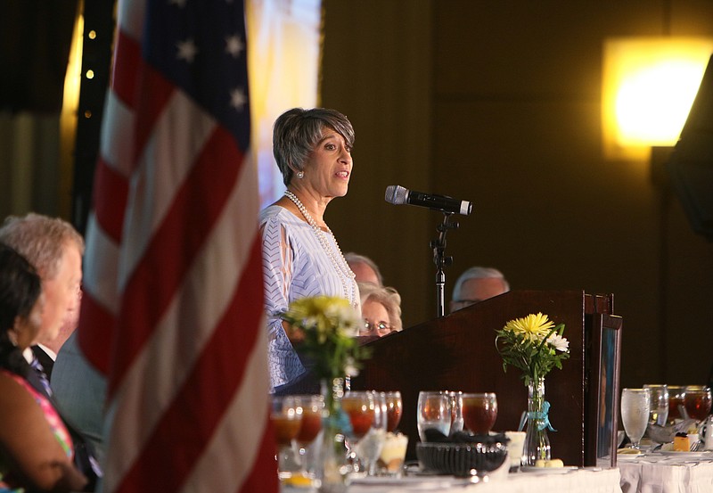 Julie Baumgardner, president and CEO of First things First, speaks during the Chattanooga Area Manager of the Year luncheon at the Chattanoogan in Chattanooga, Tenn., on Wednesday, June 7, 2017. Under Baumgardner's leadership, First Things First has raised and spent more than $26,300,000 to support their mission of building strong families.