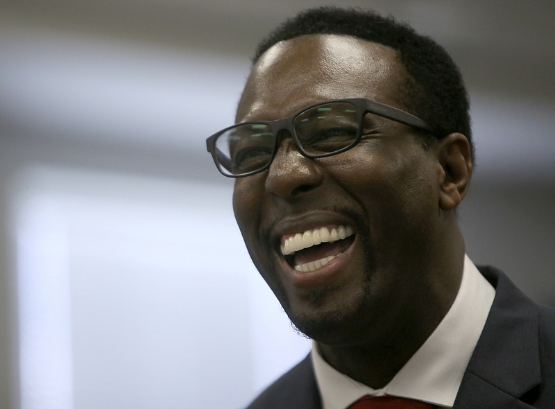 Timothy Gadson, a finalist for the superintendent position, laughs during a meet-and-greet session with the public at Hamilton County Schools' central office on Wednesday, June 7, in Chattanooga, Tenn.