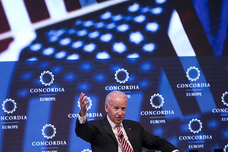 
              Former Vice President Joe Biden speaks during a conference in Athens, on Wednesday, June 7, 2017. Biden stressed the need for action against climate change, saying that his first report from the military, when he assumed office, was that global warming and its potential to spark wars poses the greatest threat to American physical security. (AP Photo/Petros Giannakouris)
            