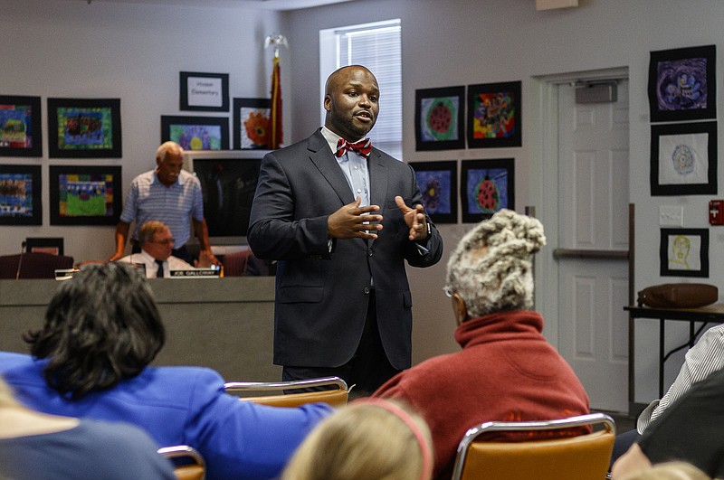 Hamilton County Schools superintendent candidate Dr. Bryan Johnson speaks to the public during a meet-and-greet in the Board of Education meeting room on Thursday, June 8, 2017, in Chattanooga, Tenn. Dr. Johnson is the fourth of five candidates to interview for the position.