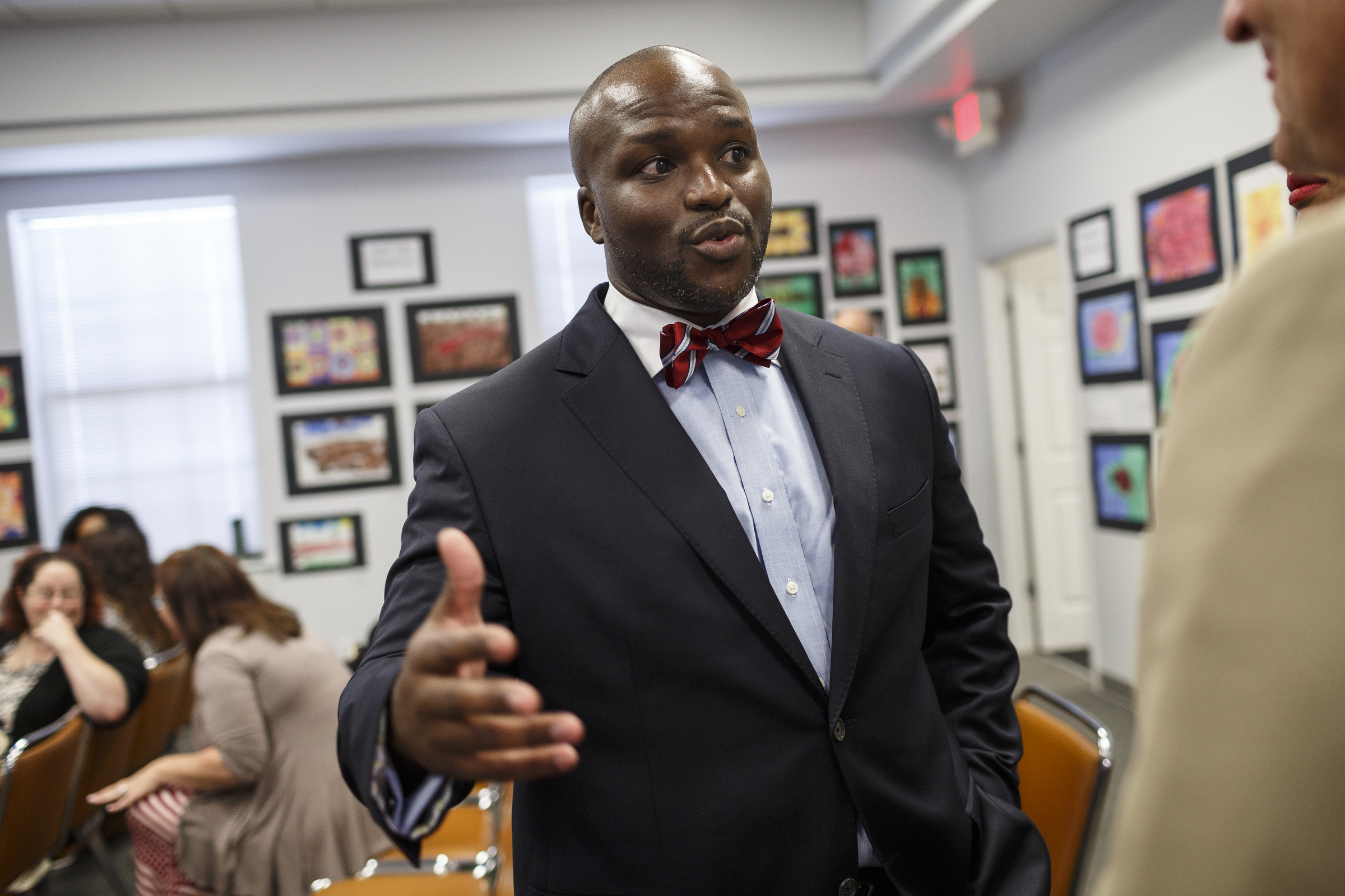 Hamilton County Schools superintendent candidate Dr. Bryan Johnson speaks to the public during a meet-and-greet in the Board of Education meeting room on Thursday, June 8, 2017, in Chattanooga, Tenn. Dr. Johnson is the fourth of five candidates to interview for the position.