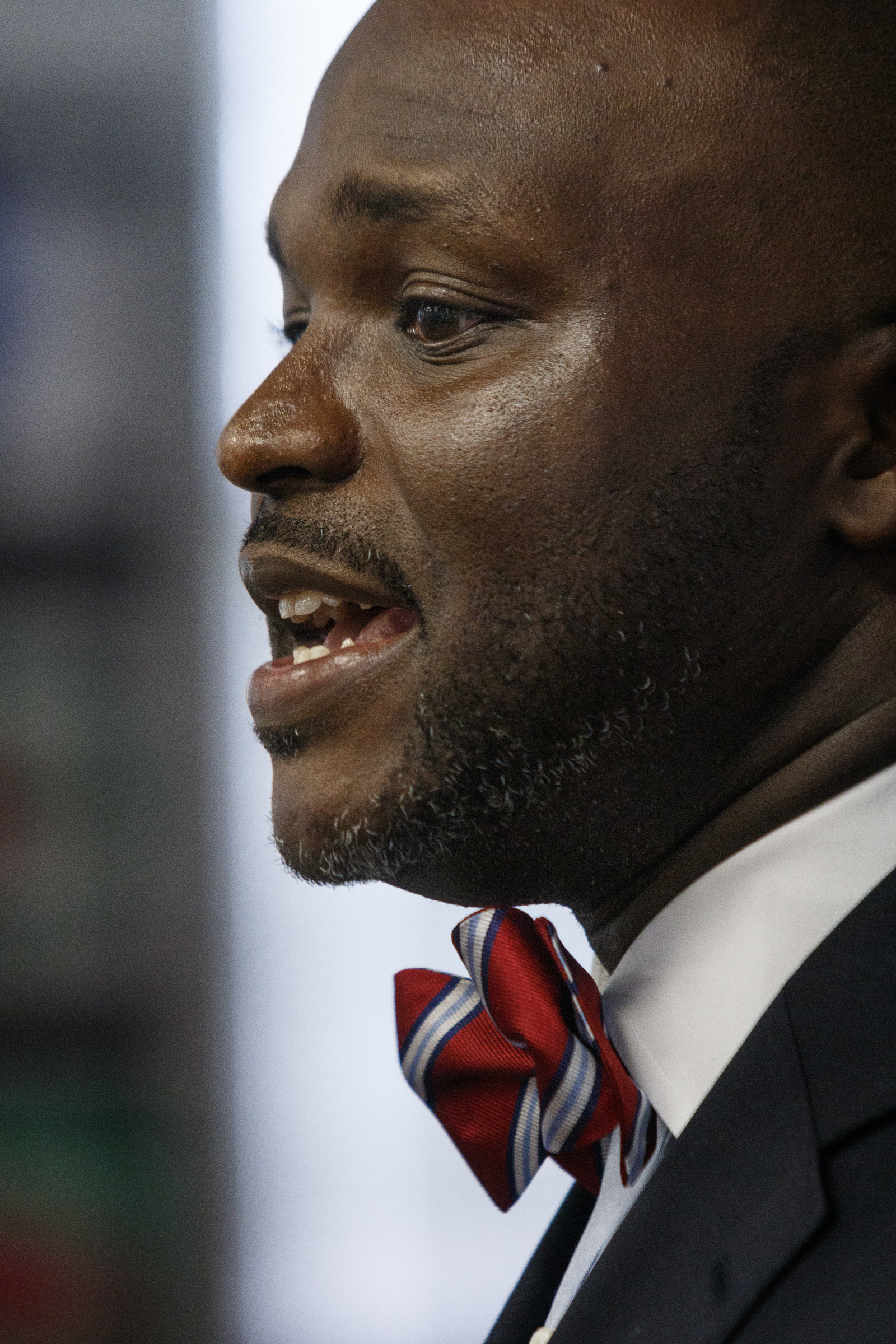 Hamilton County Schools superintendent candidate Dr. Bryan Johnson speaks to the public during a meet-and-greet in the Board of Education meeting room on Thursday, June 8, 2017, in Chattanooga, Tenn. Dr. Johnson is the fourth of five candidates to interview for the position.