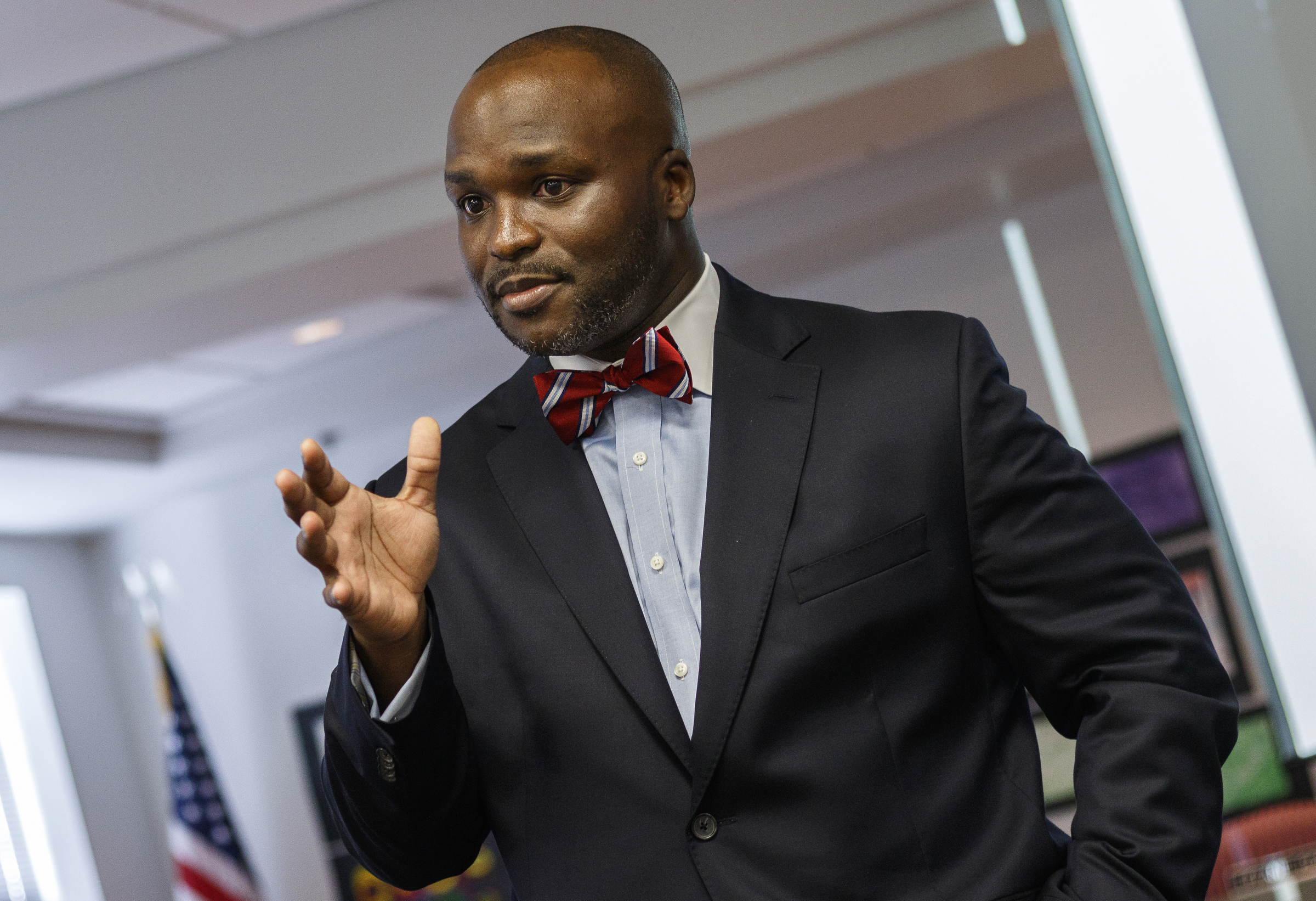 Hamilton County Schools superintendent candidate Dr. Bryan Johnson speaks to the public during a meet-and-greet in the Board of Education meeting room on Thursday, June 8, 2017, in Chattanooga, Tenn. Dr. Johnson is the fourth of five candidates to interview for the position.