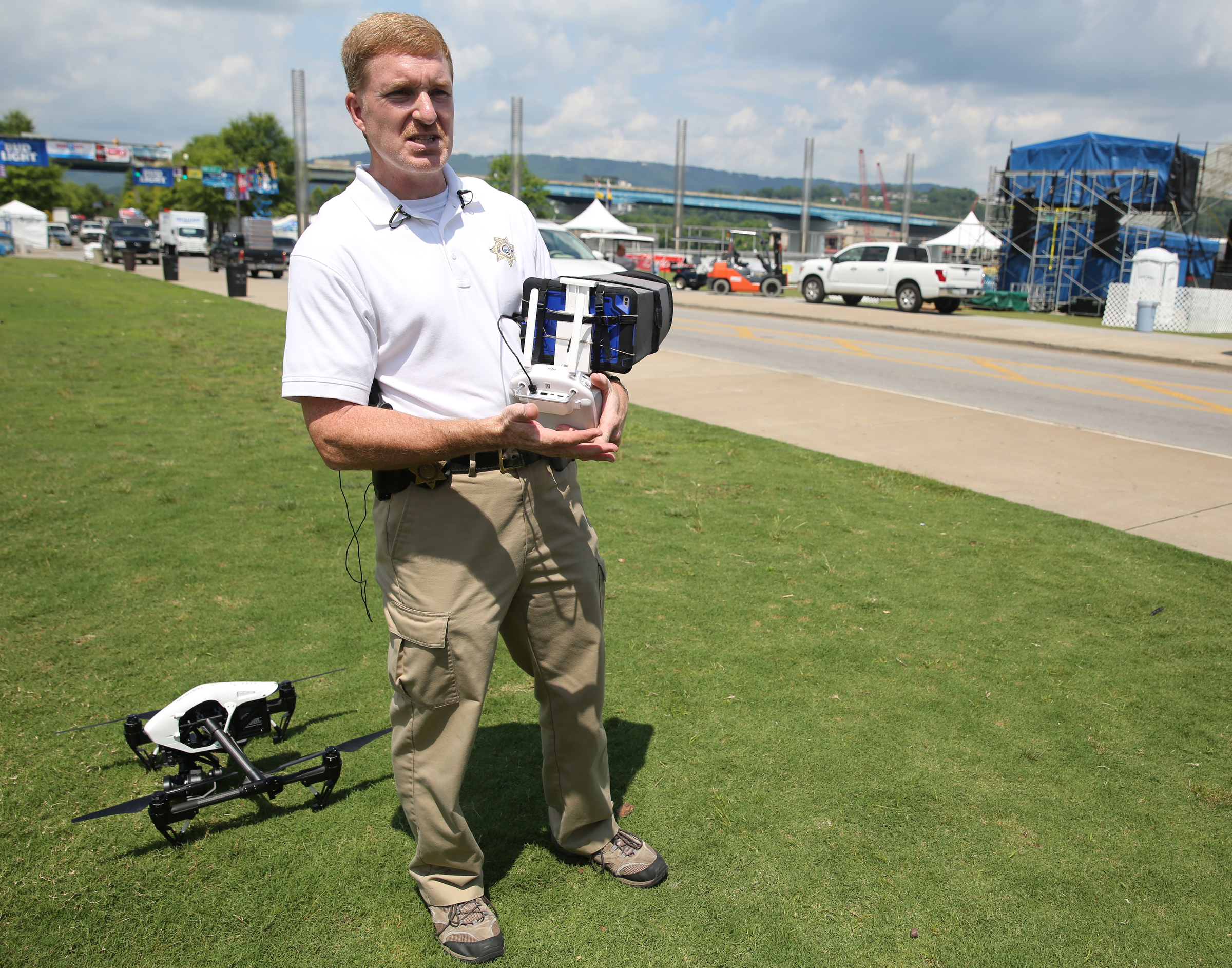 Detective Marty Dunn, a drone pilot for the Hamilton County Sheriff's Office, talks about security for the use of drones at the Riverbend Festival during a press conference on Chestnut Street at Riverfront Parkway in Chattanooga, Tenn., on Thursday, June 8, 2017. Drones will not be allowed at the festival.