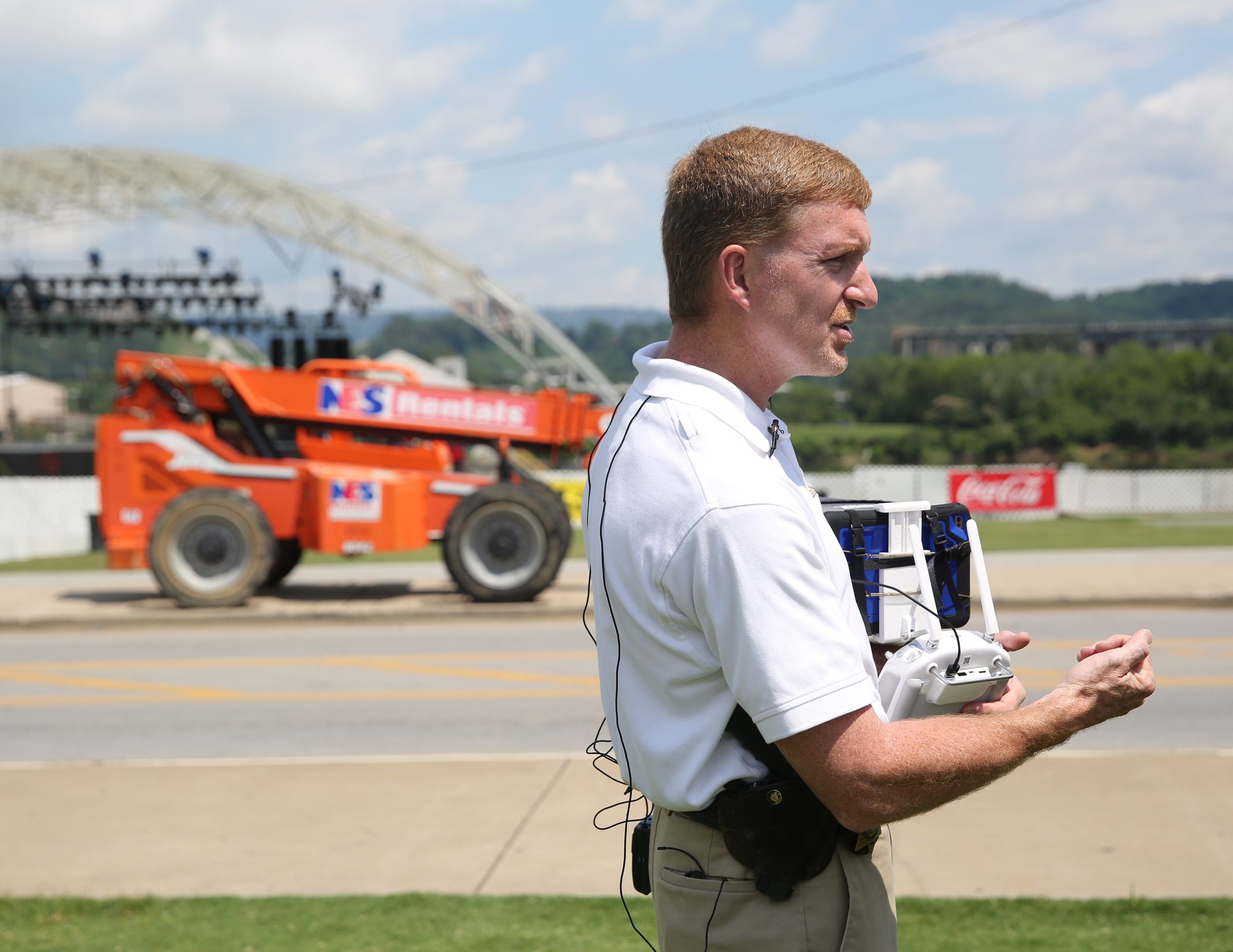 Detective Marty Dunn, a drone pilot for the Hamilton County Sheriff's Office, talks about security for the use of drones at the Riverbend Festival during a press conference on Chestnut Street at Riverfront Parkway in Chattanooga, Tenn., on Thursday, June 8, 2017. Drones are being used for law enforcement to map the area prior to the festival but will not be allowed at the festival.