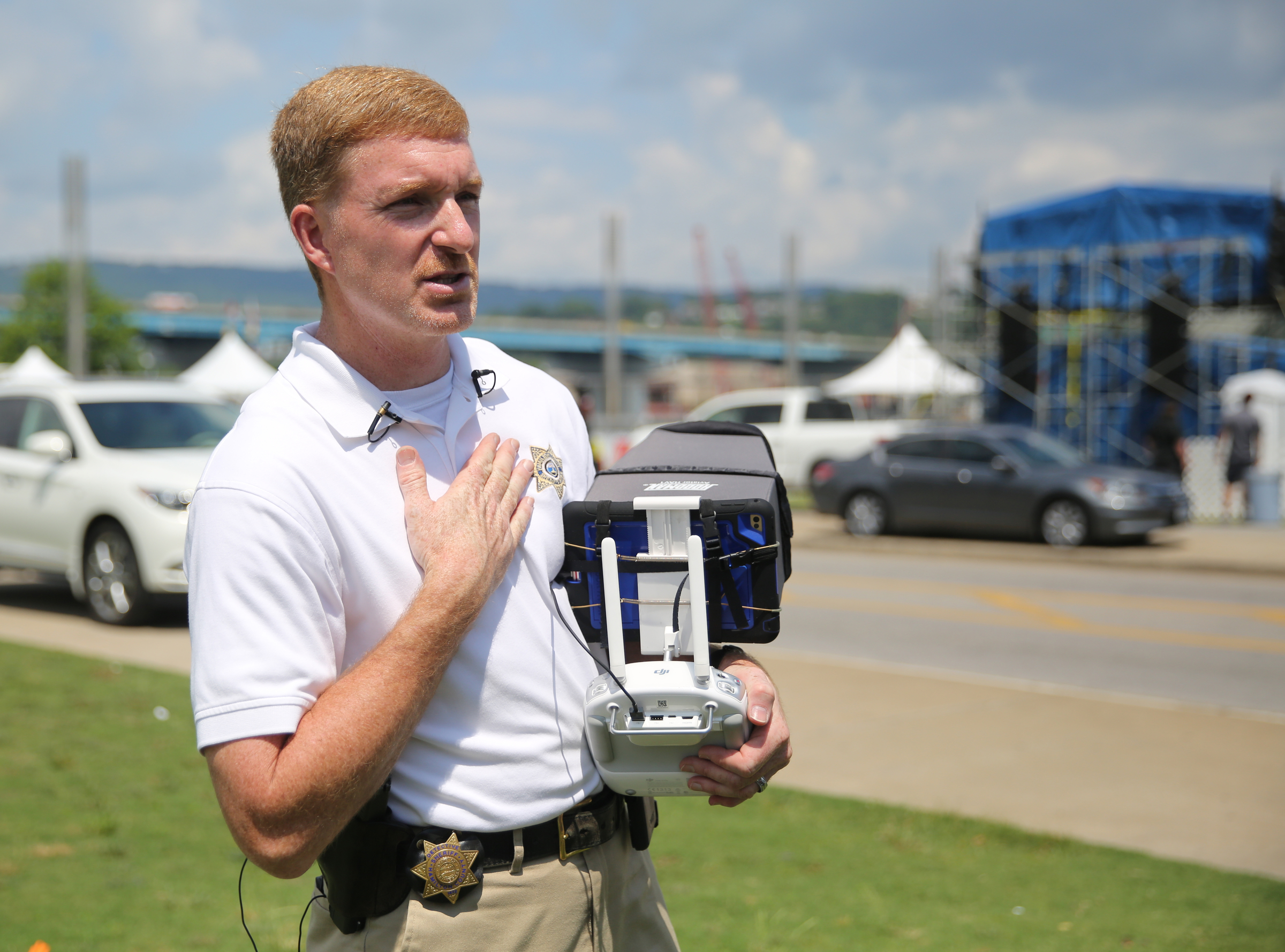 Detective Marty Dunn, a drone pilot for the Hamilton County Sheriff's Office, talks about security for the use of drones at the Riverbend Festival during a press conference on Chestnut Street at Riverfront Parkway in Chattanooga, Tenn., on Thursday, June 8, 2017. Drones are being used for law enforcement to map the area prior to the festival but will not be allowed at the festival.