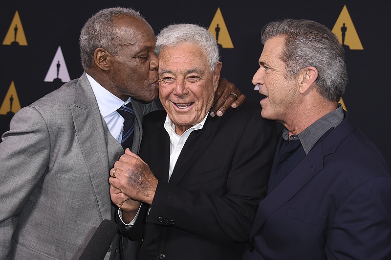 
              Danny Glover, from left, Richard Donner and Mel Gibson arrive at the Richard Donner Tribute on Wednesday, June 7, 2017 in Beverly Hills, Calif. (Photo by Jordan Strauss/Invision/AP)
            