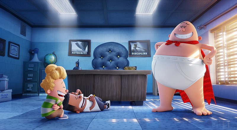 This image released by DreamWorks Animation shows, from left, Harold, voiced by Thomas Middleditch, George, voiced by Kevin Hart and Captain Underpants, voiced by Ed Helms, in a scene from "Captain Underpants: The First Epic Movie." (DreamWorks Animation via AP)