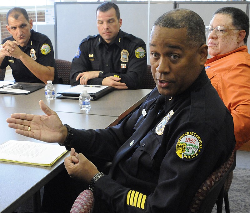 Chattanooga Police Assistant Chief Tracy Arnold talks to Times Free Press editorial board members on Aug. 15, 2014.