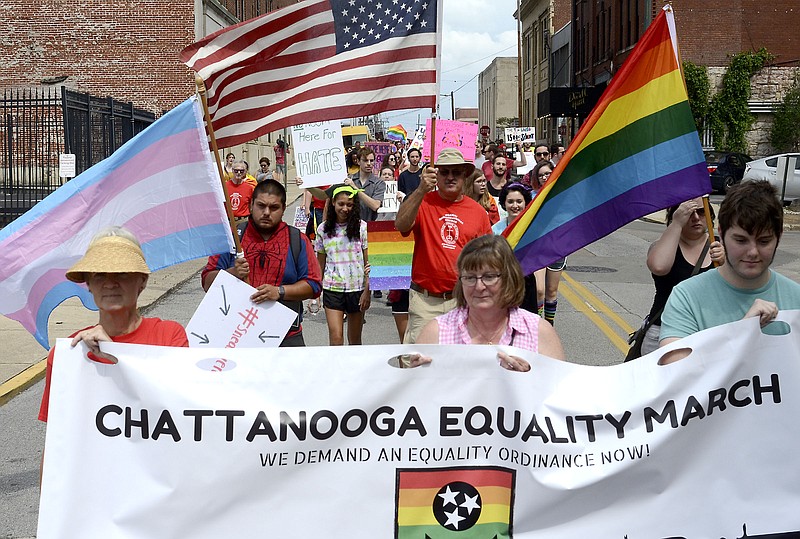The Chattanooga Equality March heads down 10th street.  Chattanooga's LGBT community held a rally and march starting at the City Council Building on 10th street and ending at the Riverbend Festival site on June 11, 2017.  