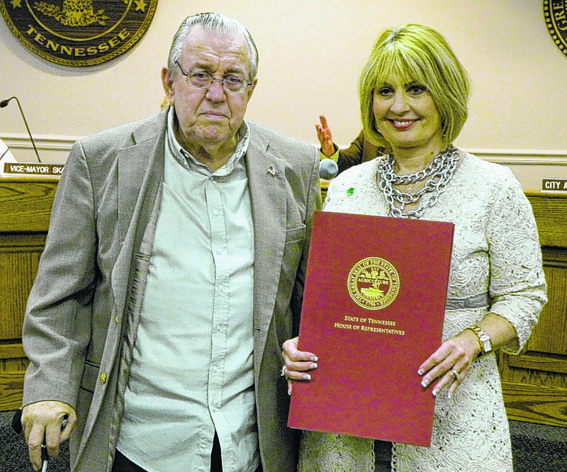 State Rep. Patsy Hazlewood recognizes WV Roberson for his service to the Soddy-Daisy community at the March 17, 2016, Soddy-Daisy City Commission meeting.