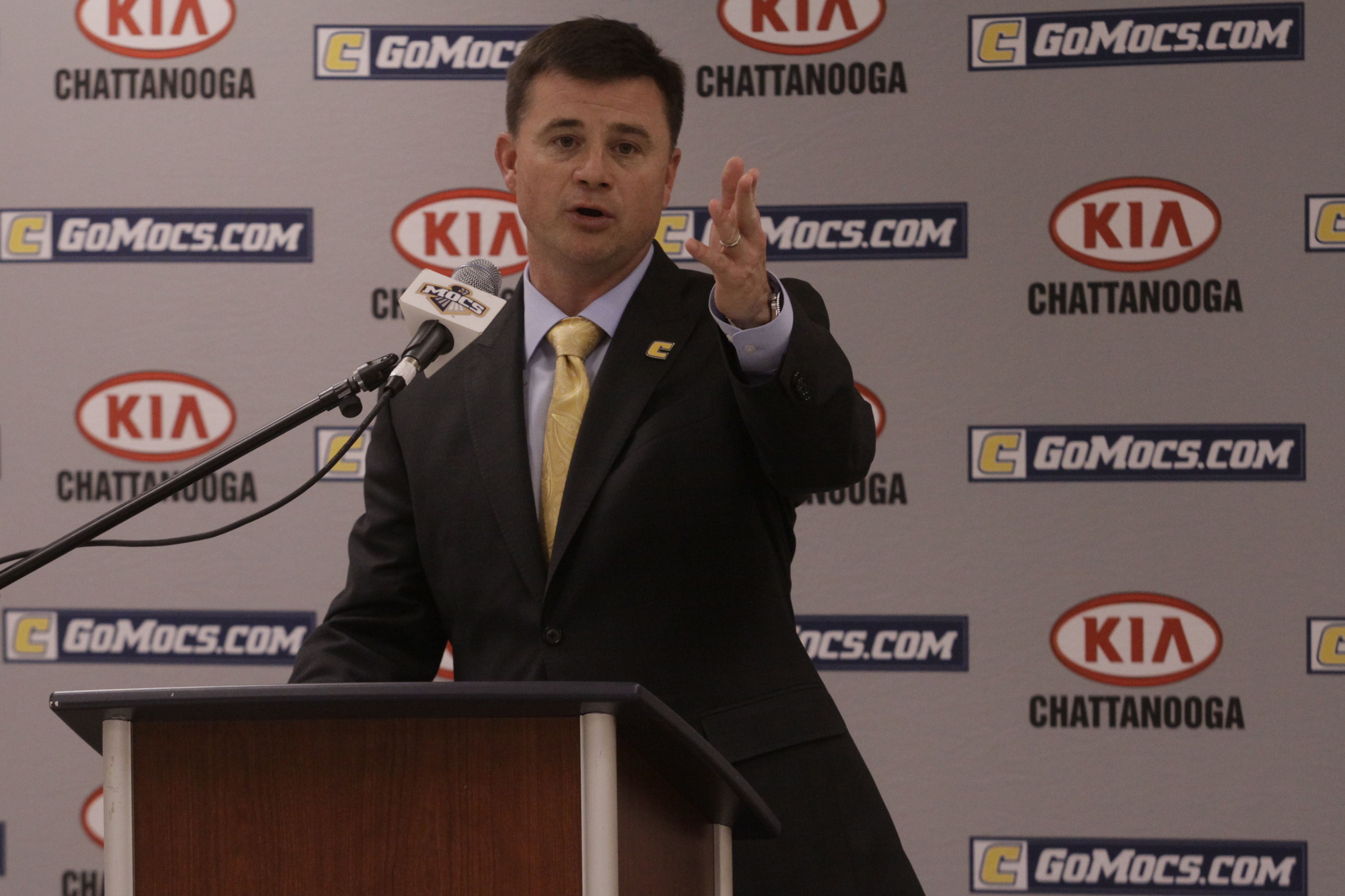 May 10, 2013 - University of Tennessee at Chattanooga athletic director David Blackburn introduces new UTC Lady Mocs basketball coach Jim Foster during a ceremony on campus Friday. Foster was most recently the women's coach at Ohio State.