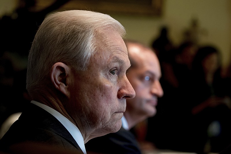 
              Attorney General Jeff Sessions attends a Cabinet meeting with President Donald Trump, Monday, June 12, 2017, in the Cabinet Room of the White House in Washington. (AP Photo/Andrew Harnik)
            